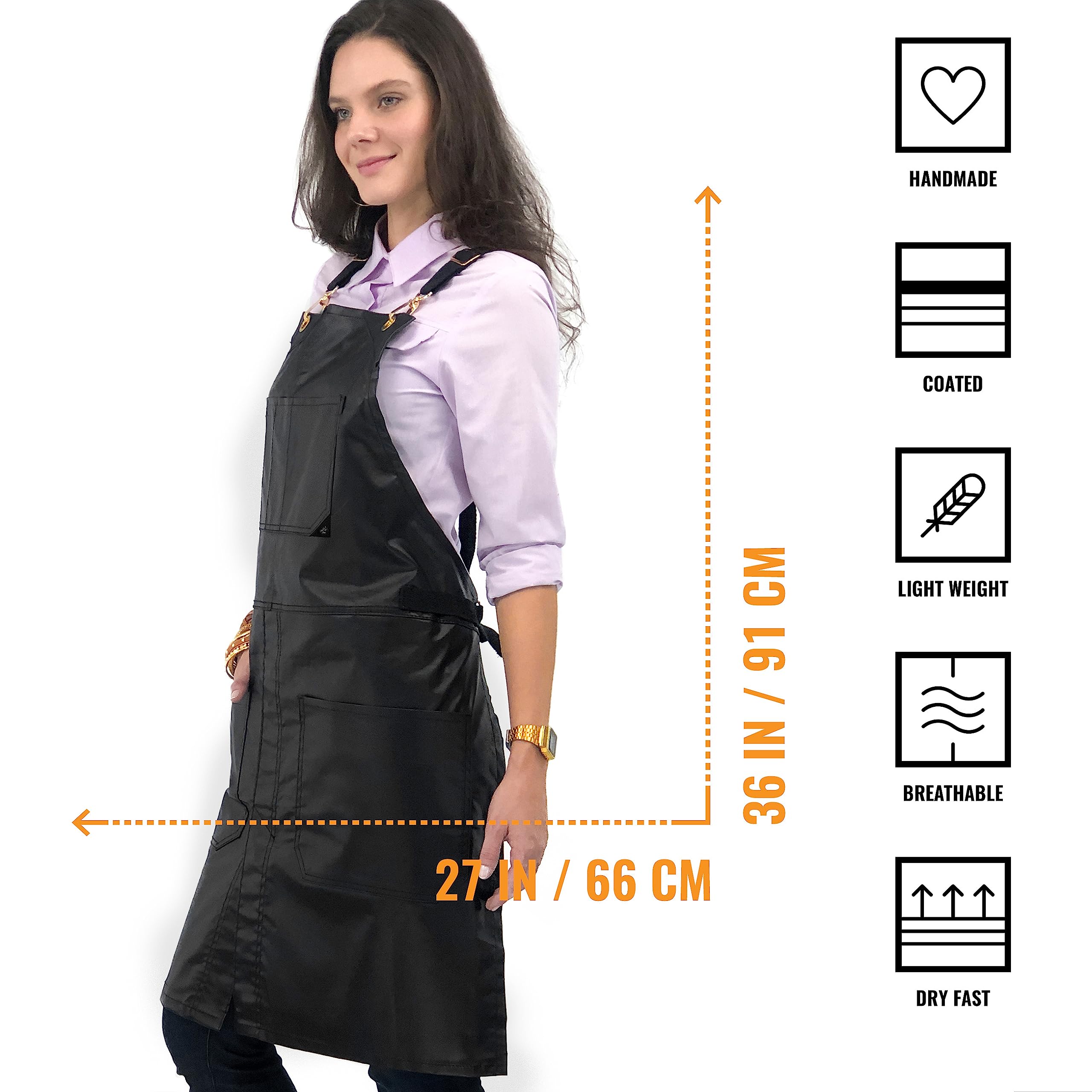 Under Ny Sky Cross-Back Black Apron - Golden Hardware, Coated Twill, Leather Reinforcement, Split-Leg - Adjustable For Men, Wome