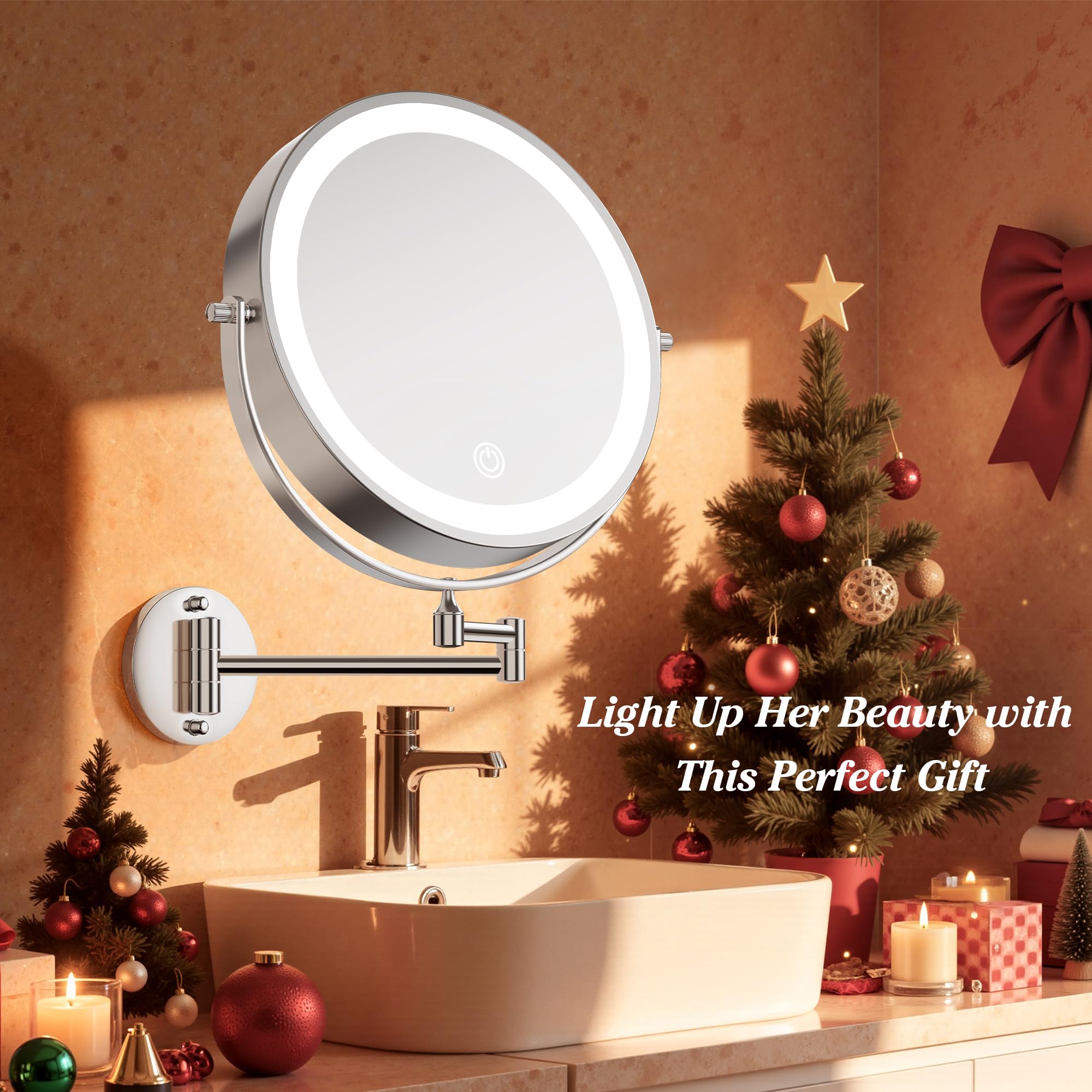 10   30X/1X Wall Mounted Lighted Makeup Mirror, 5000mAh Rechargeable Double-Sided Magnifying Mirror with Light, LED Vanity Mir