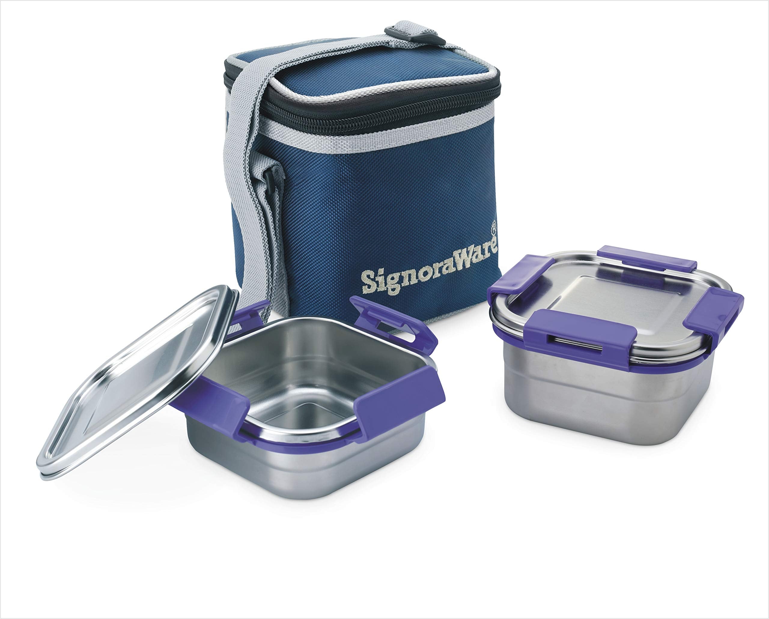 Signoraware (500Ml+350Ml) Director Squarex Small Stainless Steel Lunch Box With Lock Clip Lids And Bag, Bpa Free Plastic, Airtig