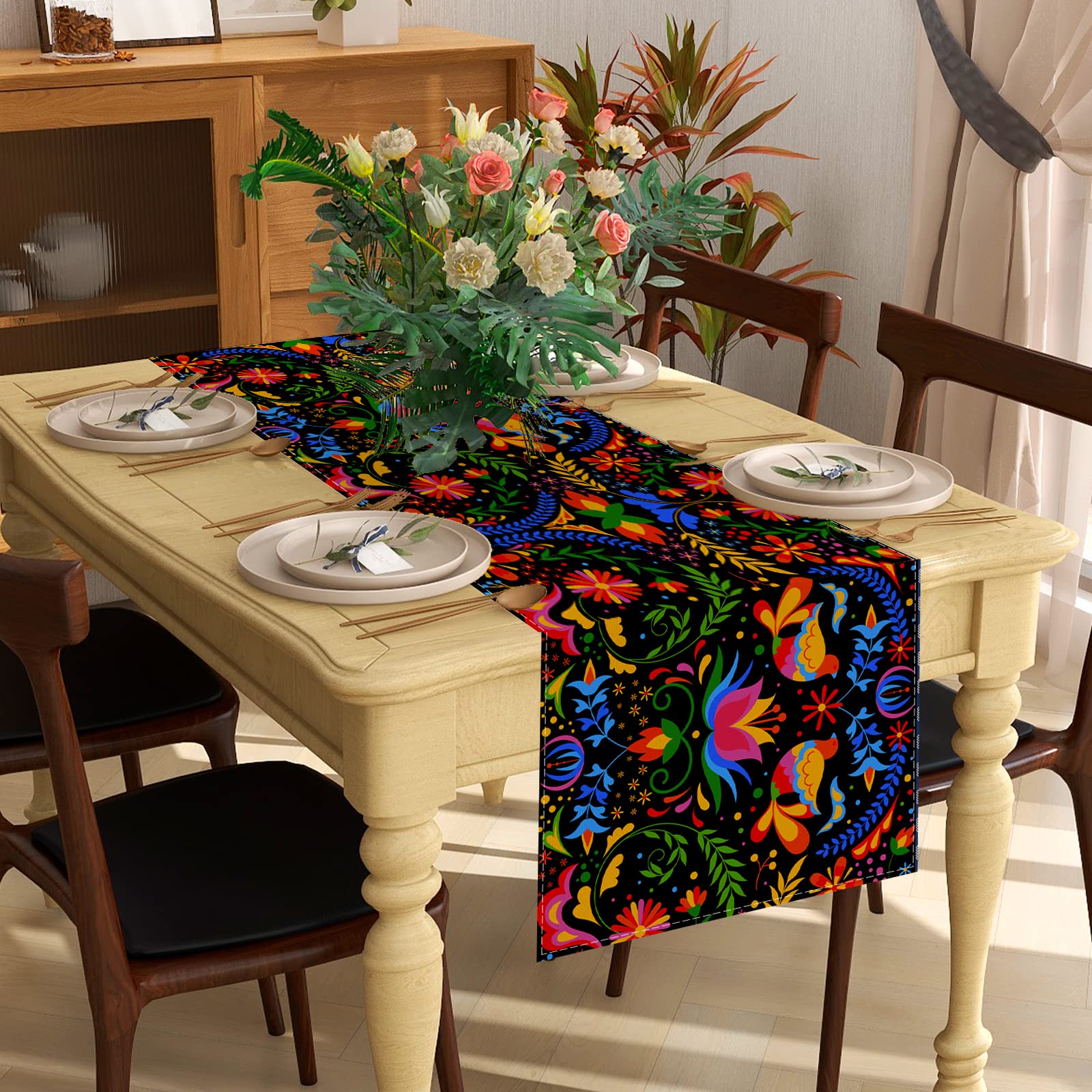 Linen Mexican Fiesta Table Runner Mexican Table Cloth Cinco De Mayo Day Of The Dead Dia De Los Muertos Home Kitchen Table Decora