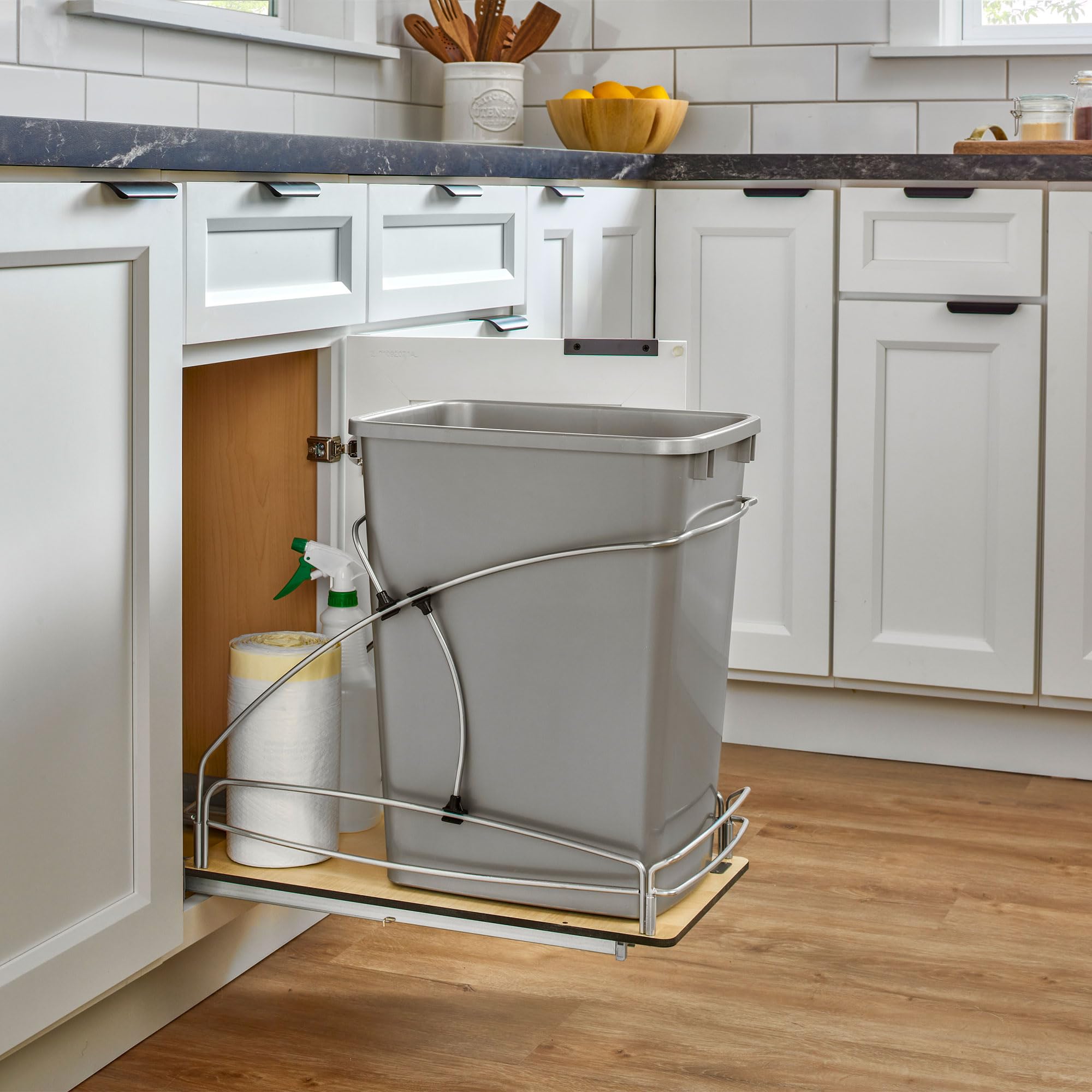 Rev-A-Shelf Steel Bottom Mount Single 35 Quart 8.75 Gallon Waste Bin Trash Container For Under Kitchen Cabinet With Soft Close,