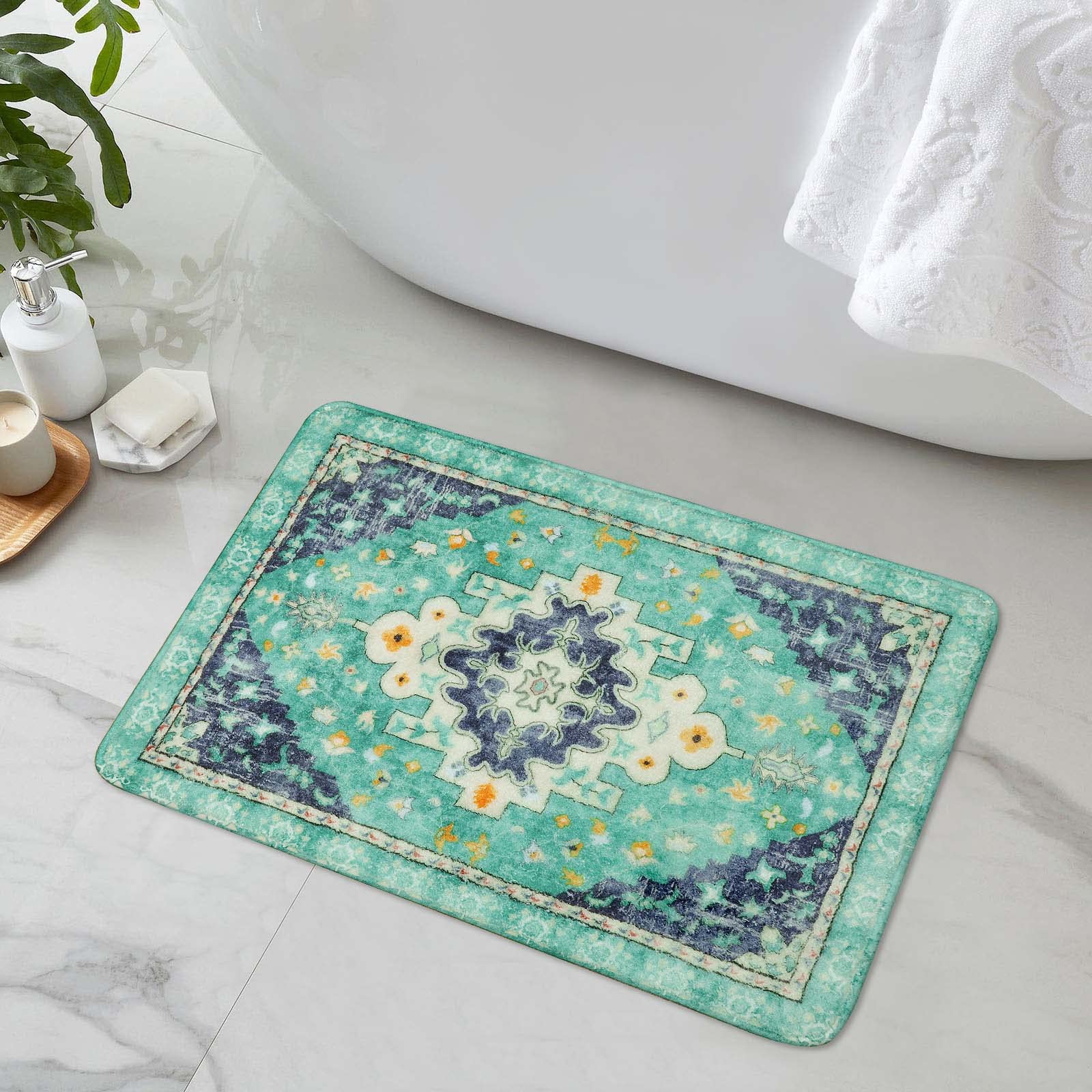 Uphome Boho Retro Bathroom Rugs Green Non-Slip Soft Bath Mat Machine Washable Oriental Small Bath Rug Traditional Tribal Floral