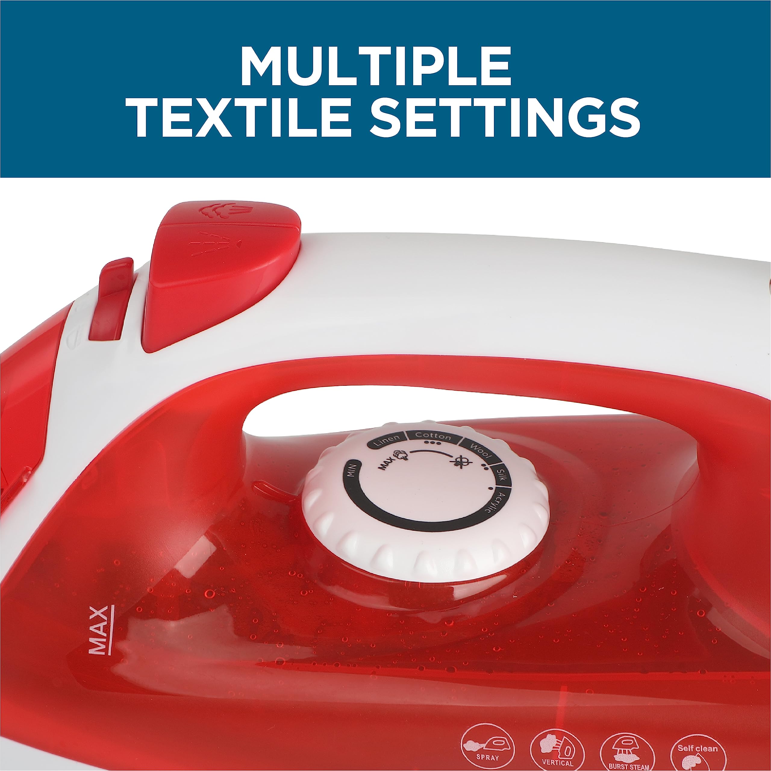 Commercial Care Steam Iron, 1200 Watt Portable Iron, Self-Cleaning Steamer For Clothes With Nonstick Soleplate, Red