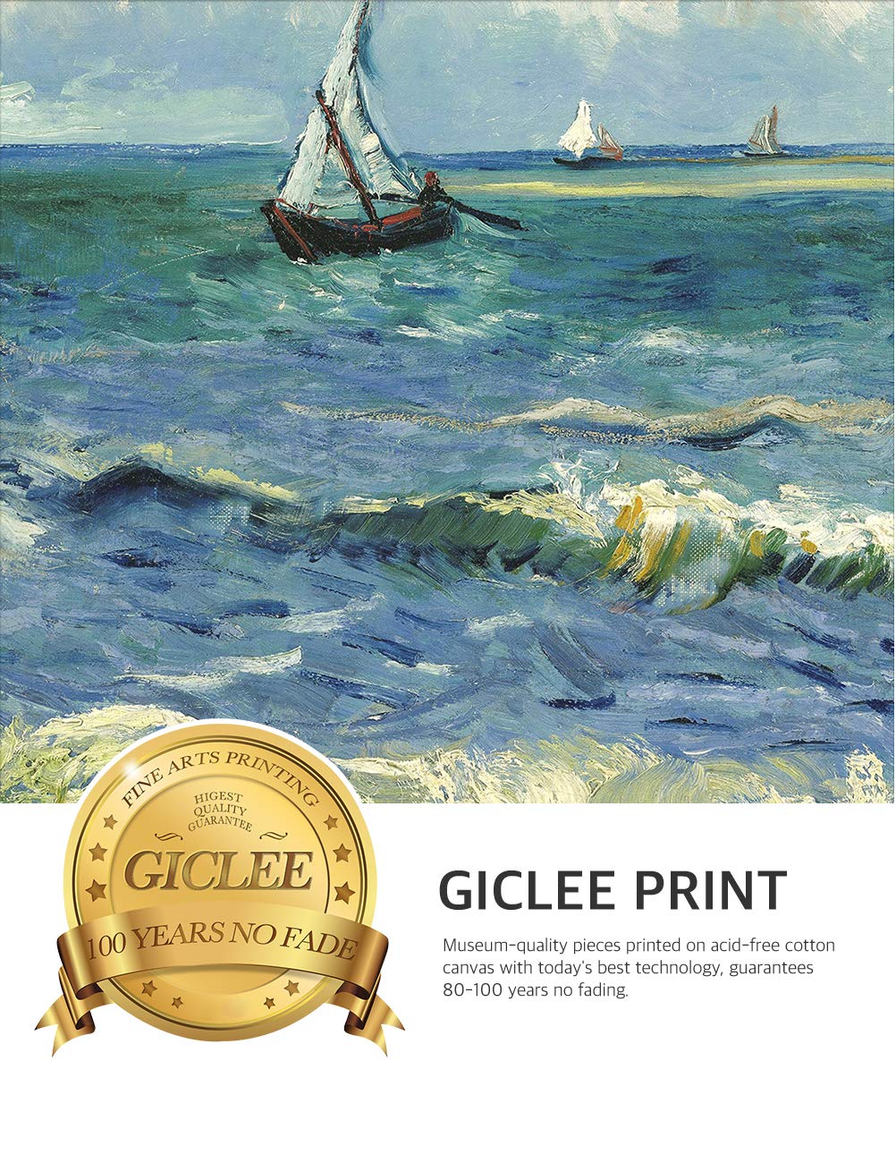 Decorarts - The Sea At Les Saintes-Maries-De-La-Mer - Vincent Van Gogh. Giclee Print On Canvas With Matching Golden-Relief Frame