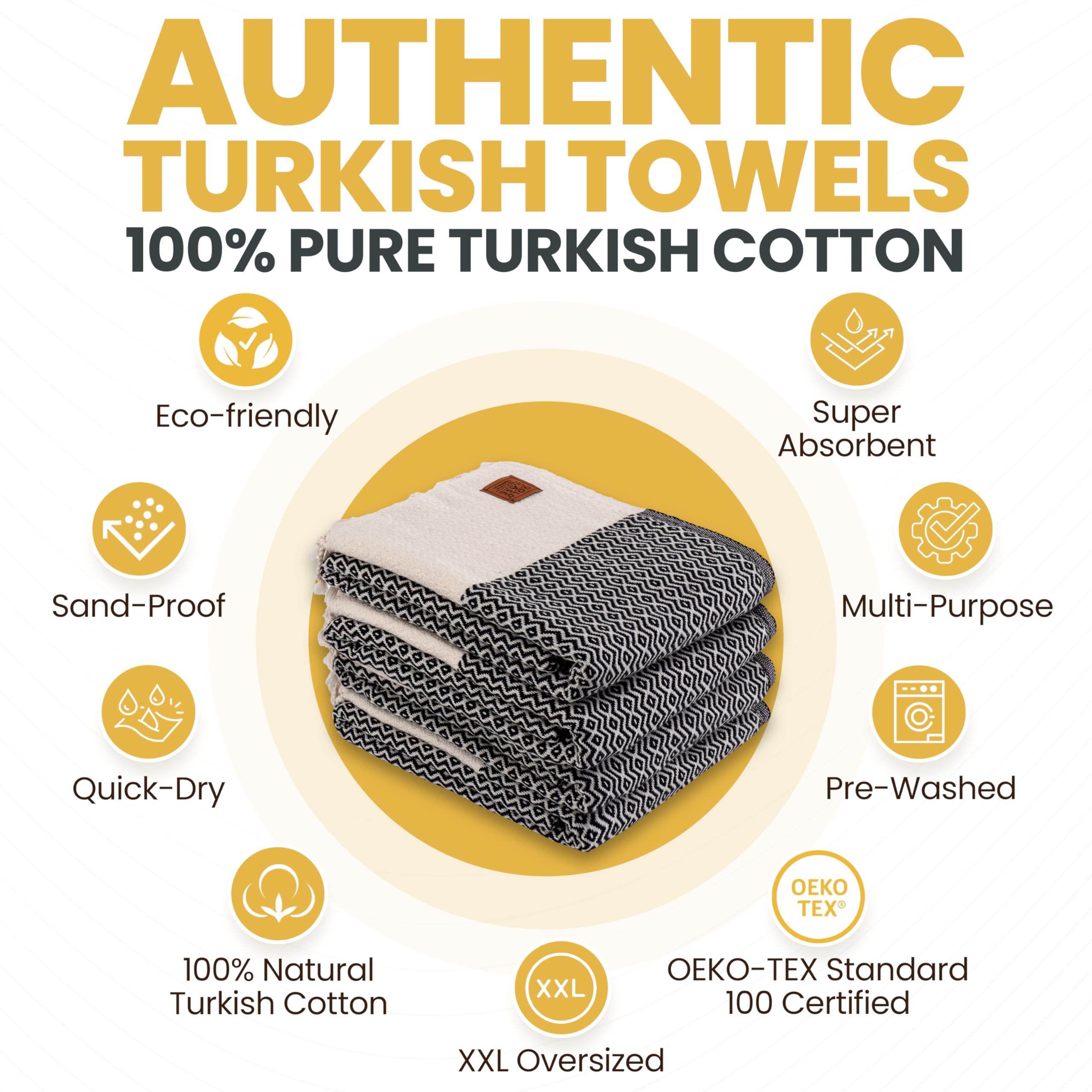 Gold Case Turkish Beach Towel Set Of 4-100% Cotton Beach Towels Oversized 67 X 38''- Zeus Extra Large Beach Towels - Quick Dry &