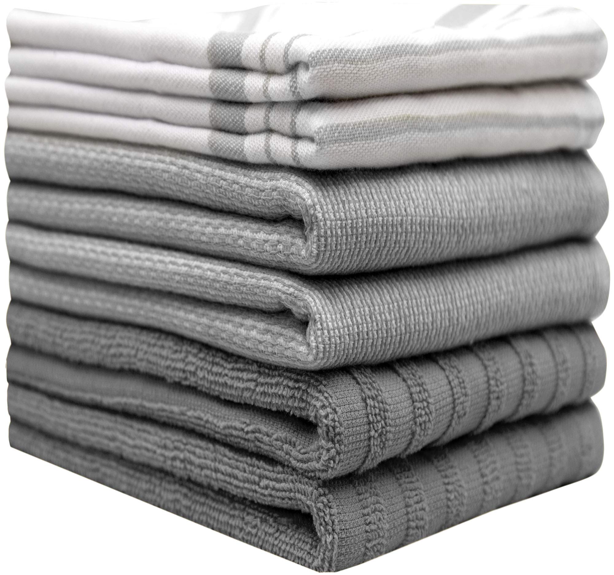 Premium Kitchen Towels (20?x 28?  6 Pack) - Large Cotton Kitchen Hand Towels - Striped Flat & Terry Towel - Highly Absorbent Tea Towels Set with Hanging Loop - Grey