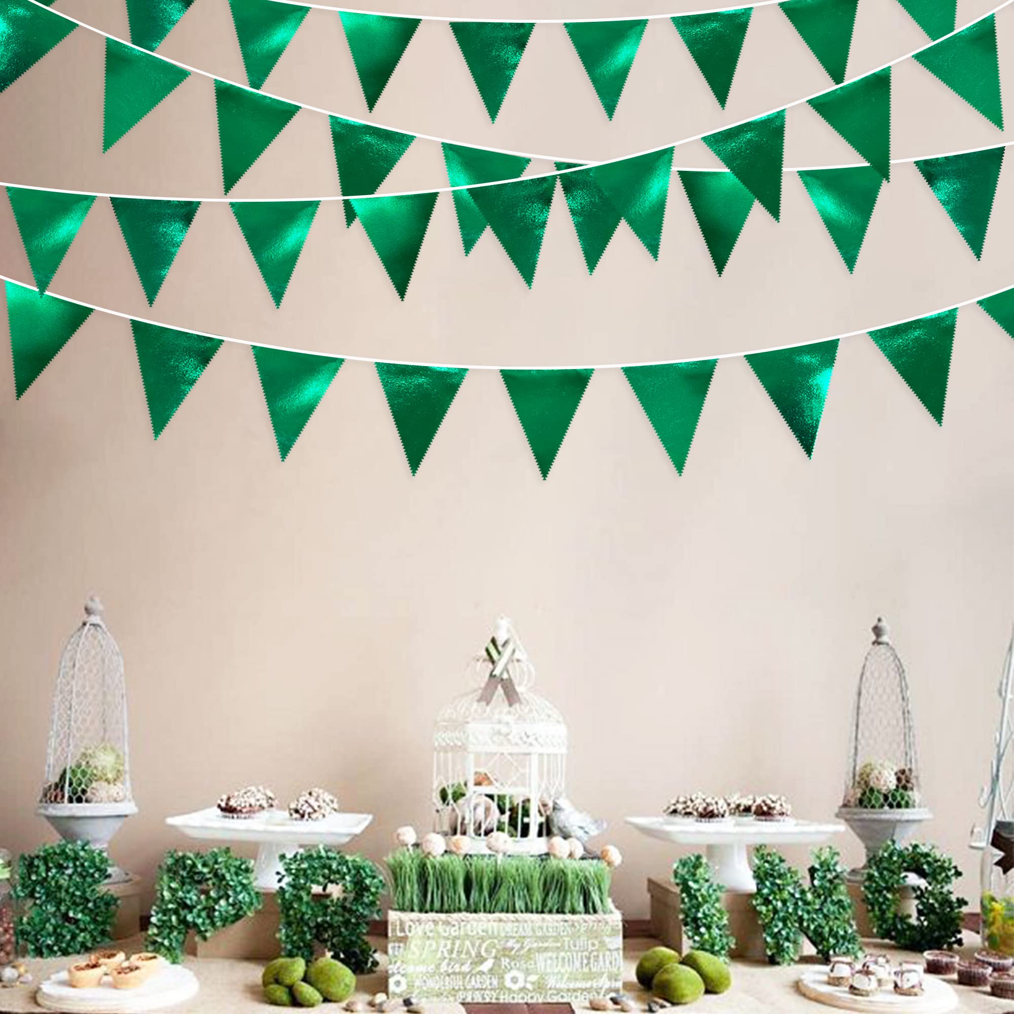 Green Party Decorations Triangle Pennant Banner Flag Dark Green Metallic Fabric Bunting Garland For Graduation Wedding Bridal Sh