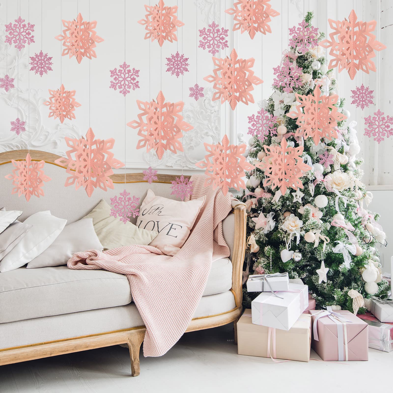 Outus 42 Pcs Winter Christmas Party Decorations 3D Snowflake Hanging Decoration Set 3D Hanging Snowflake Decor Pendant for Chris