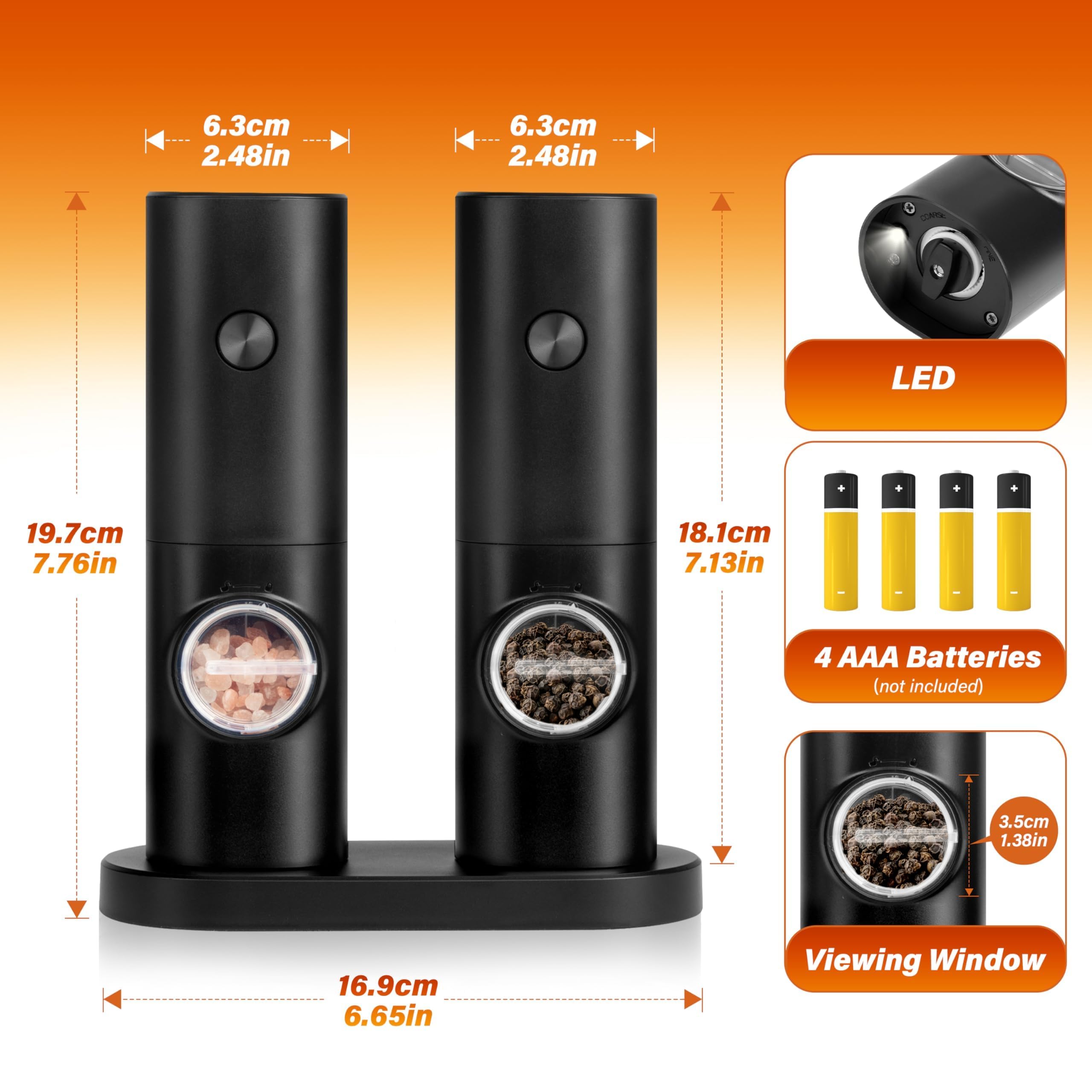Simple Deluxe Electric Salt and Pepper Grinder Set, Battery Powered, Adjustable Coarseness, 2 Pack, Black