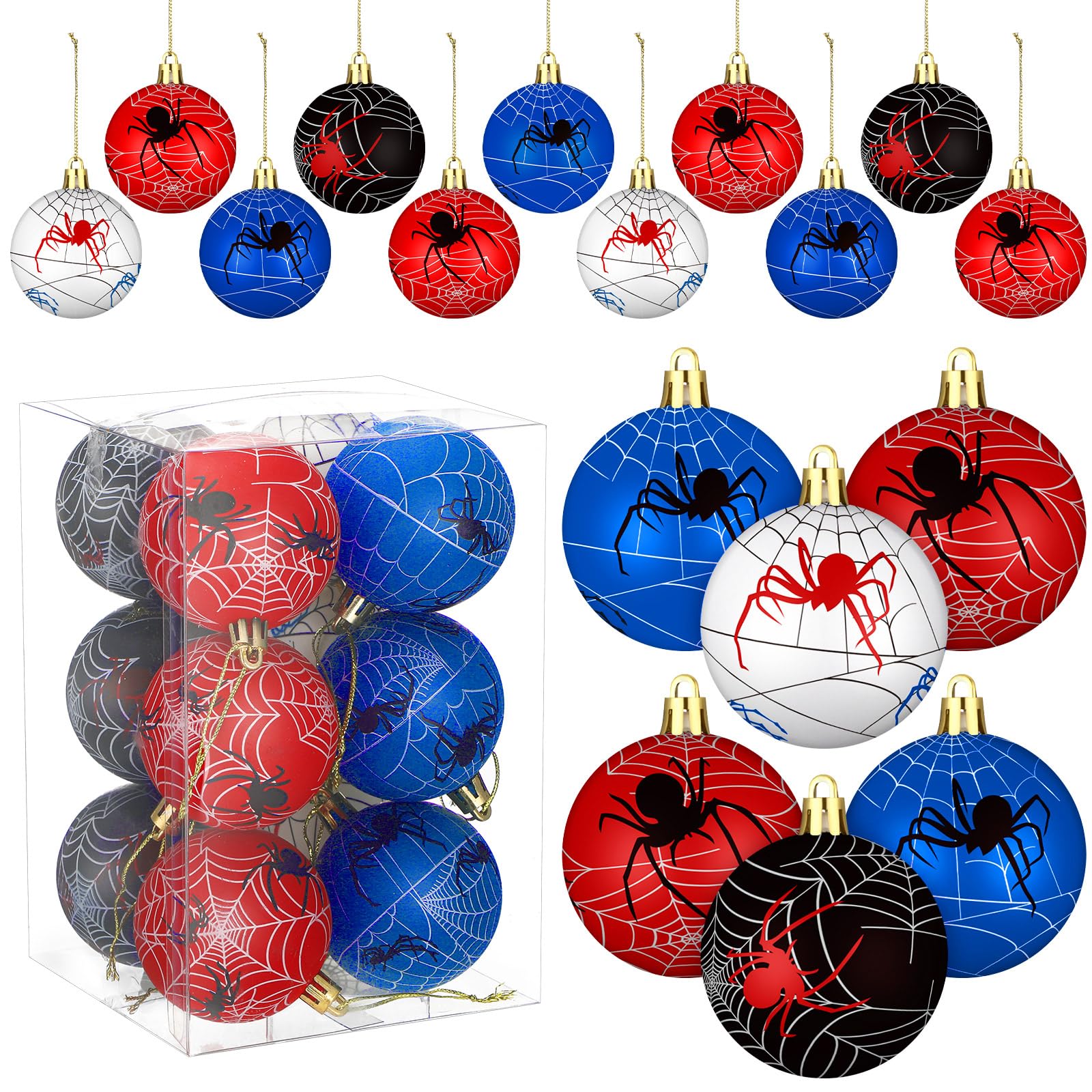 Syhood 12 Pcs 2.4'' Spider Christmas Ball Ornaments Christmas Tree Balls Foam Hanging Decoration Spider Web Pattern Xmas Party S