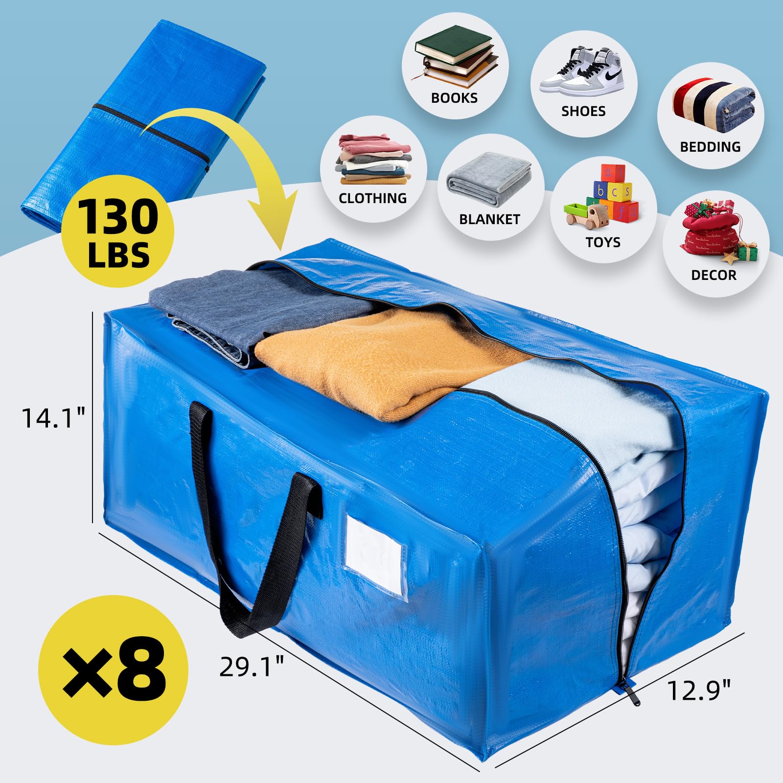 Tailink 8 Packs Extra Large Moving Bags With Backpack Straps & Carrying Handles, Heavy-Duty Blue Moving Boxes With Zippers, Extr