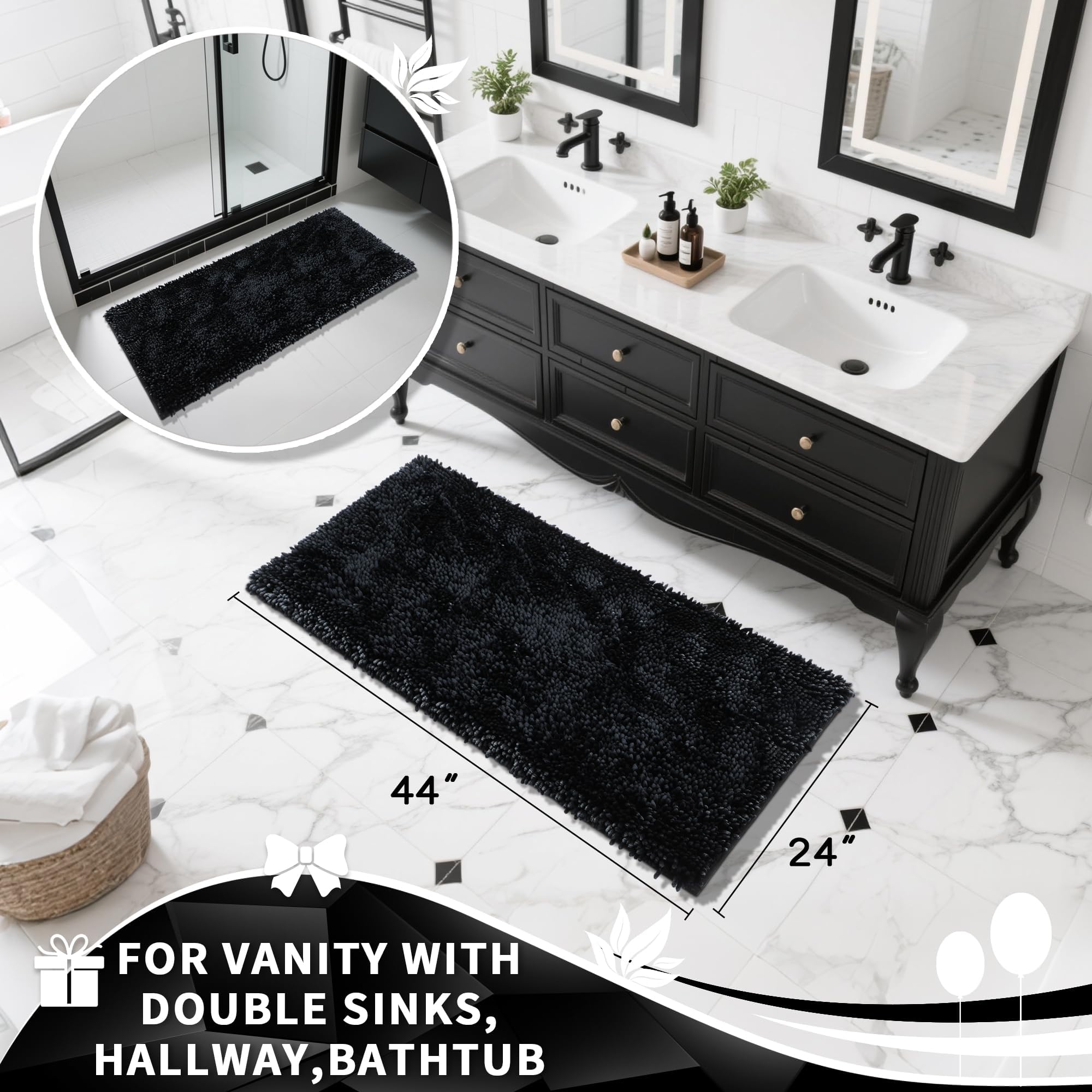 Yimobra Luxury Chenille Bathroom Rug Mat  Extra Soft and Absorbent Shaggy Bath Rugs Non Slip  Machine Wash and Dry  Plush Carpet  Runner Mats for Tub  Shower  and Bath Room  44.1 x 24 Inches  Black