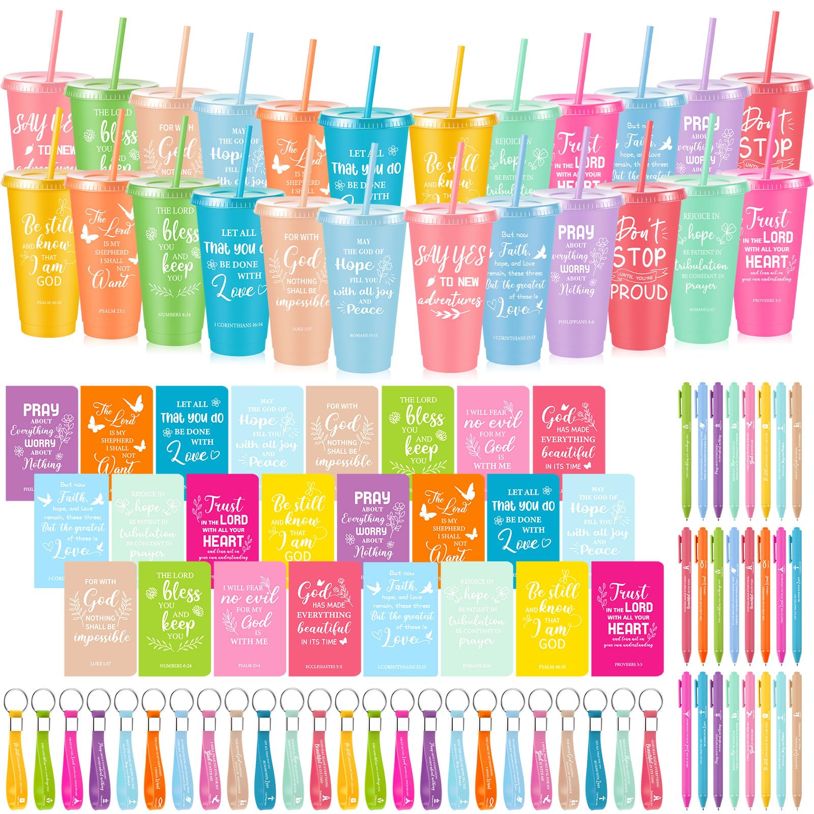 Hollowfly 24 Set / 96 Pcs Christian Church Gifts Bulk, Plastic Cups with Bible Verse Pens Keychains Notebooks for Women Christia
