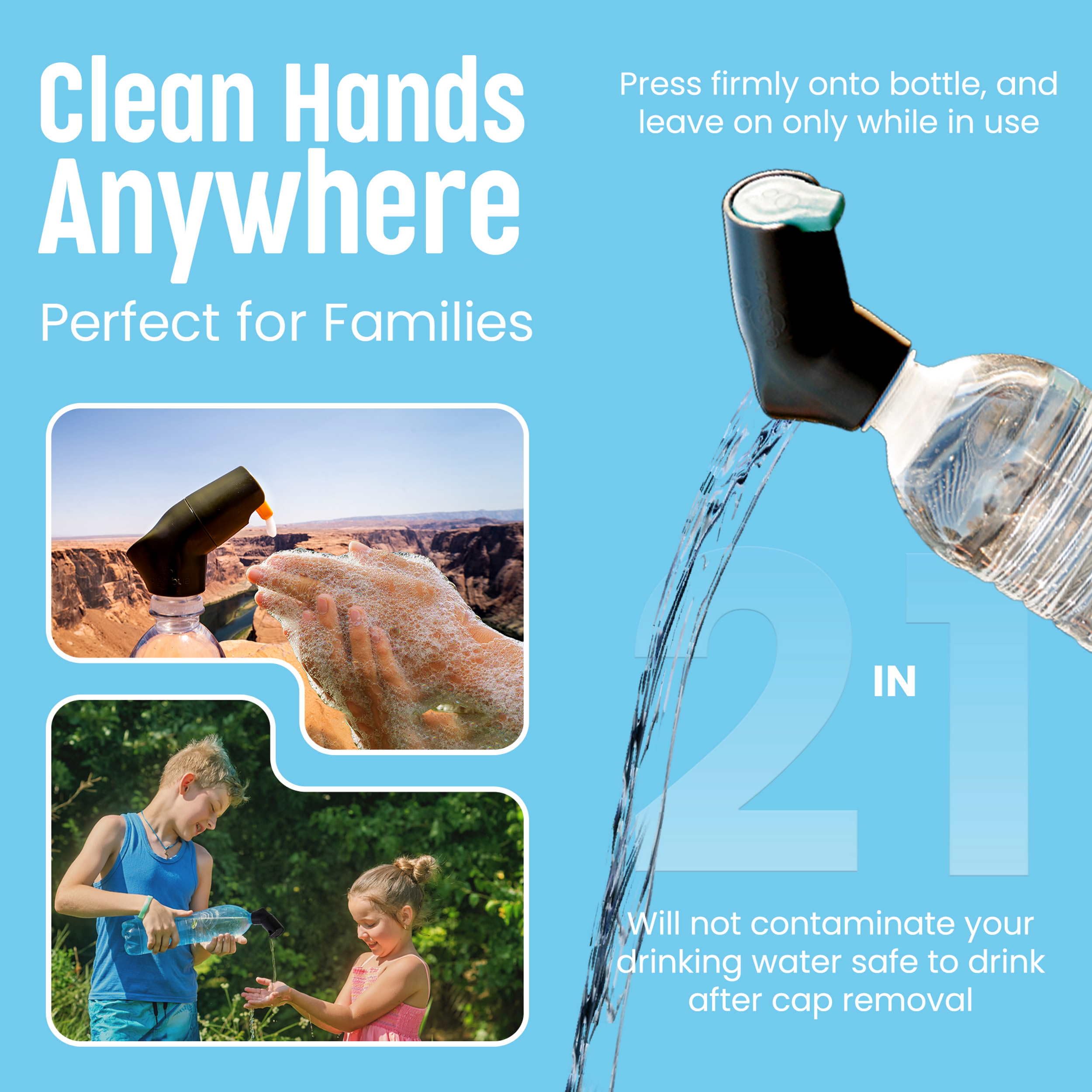 Suds2Go Refillable Caps, 2 Pack - Universal Fit Turns Most Disposable Water Bottles Into A Hand Washing Station - Includes Refil