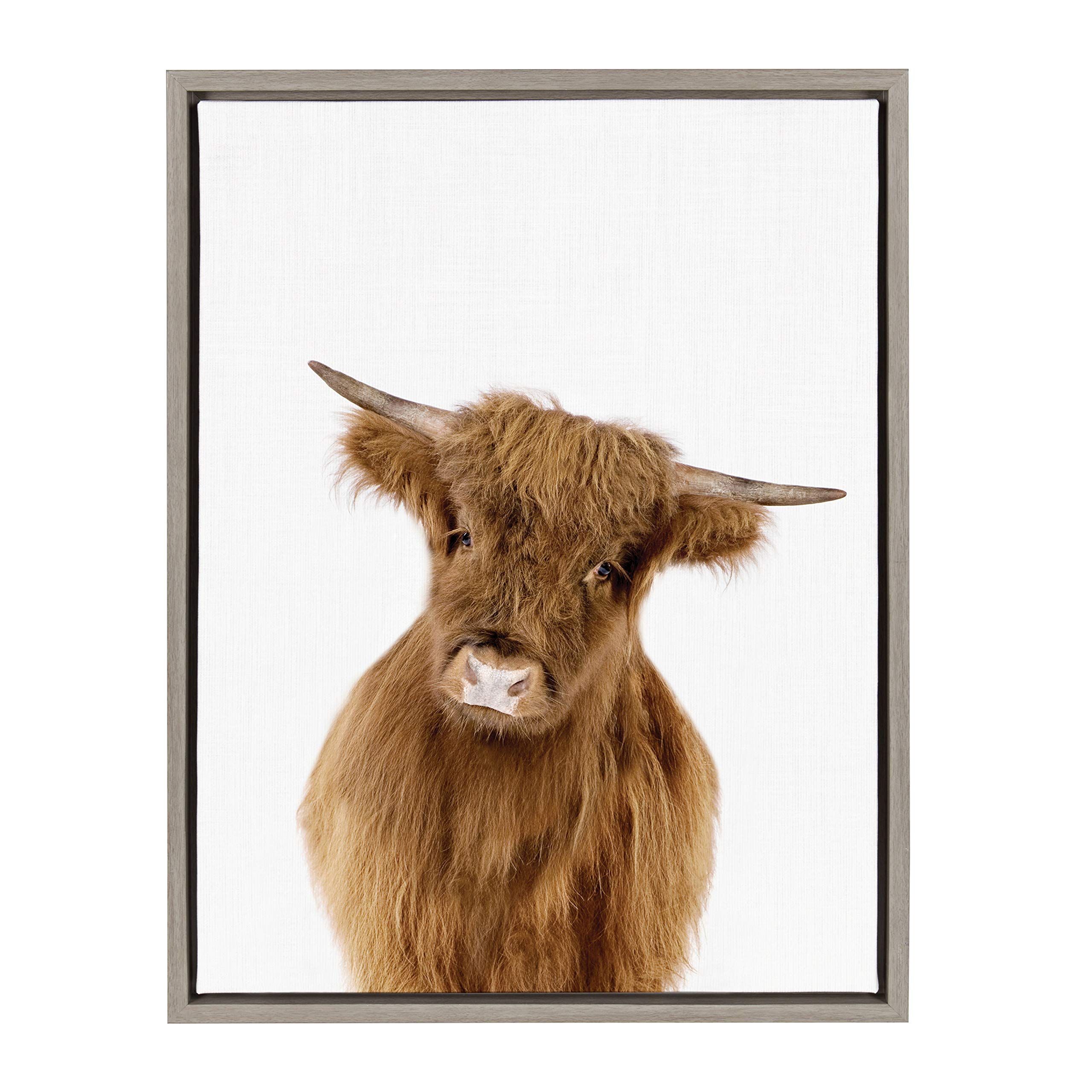 Kate and Laurel Sylvie Baby Highland Calf Animal Print Portrait Framed Canvas Wall Art by Amy Peterson, 18x24 Gray