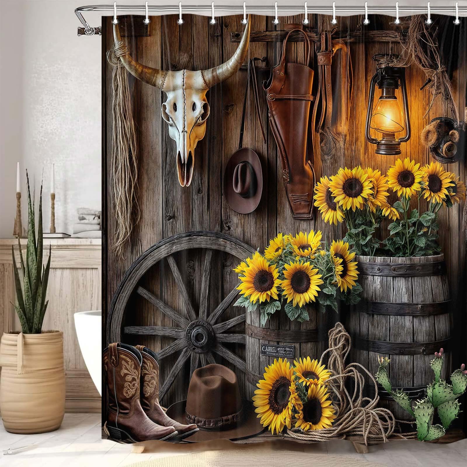 Jipusai Farmhouse Western Shower Curtain, Rustic Country Cowboy Barn Door Bath Curtain Set, Brown Southwest Cowboys Boots Hat Bu