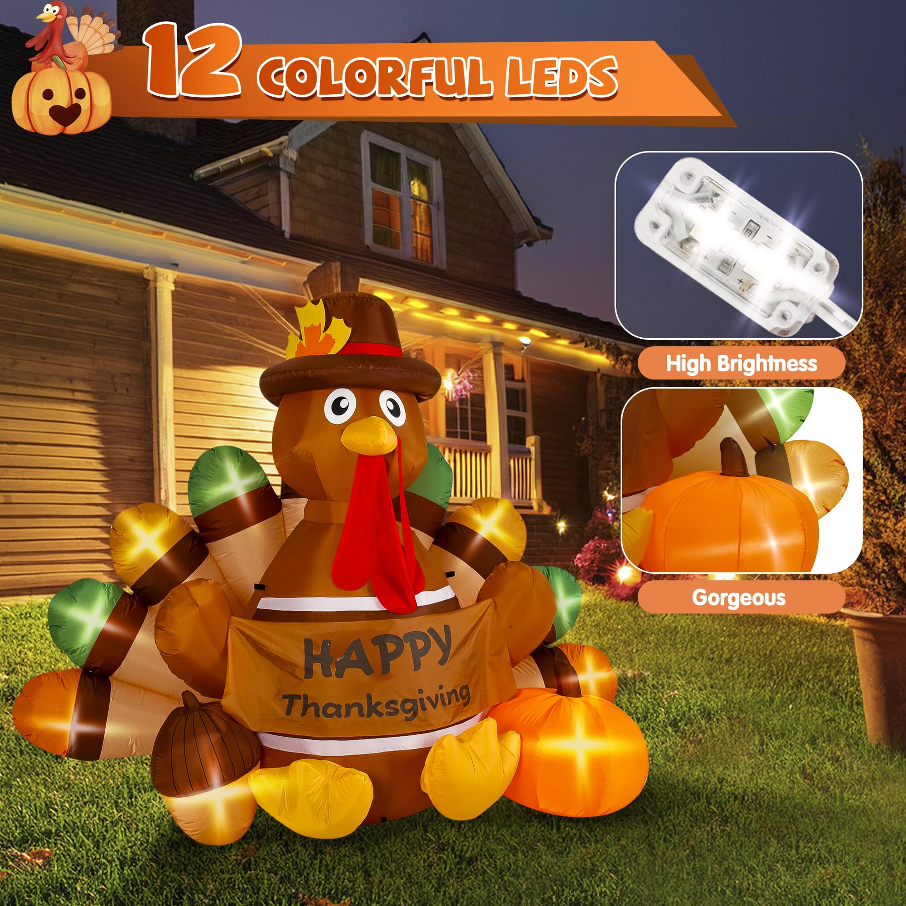 Loninak 6 Ft Thanksgiving Inflatable Decoration, Happy Thanksgiving Turkey Built-in LED Lights, Outdoor Blow Up Yard Fun Decor,