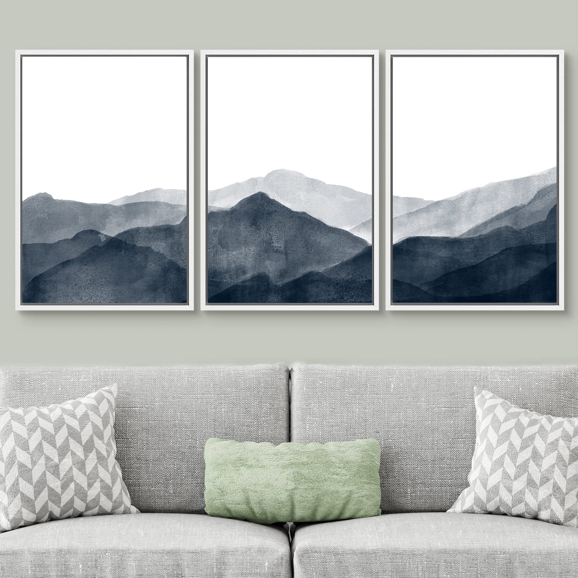 Signwin Framed Canvas Print Wall Art Blue & Gray Mountains In Fog Nature Wilderness Illustrations Modern Art Rustic Scenic Relax