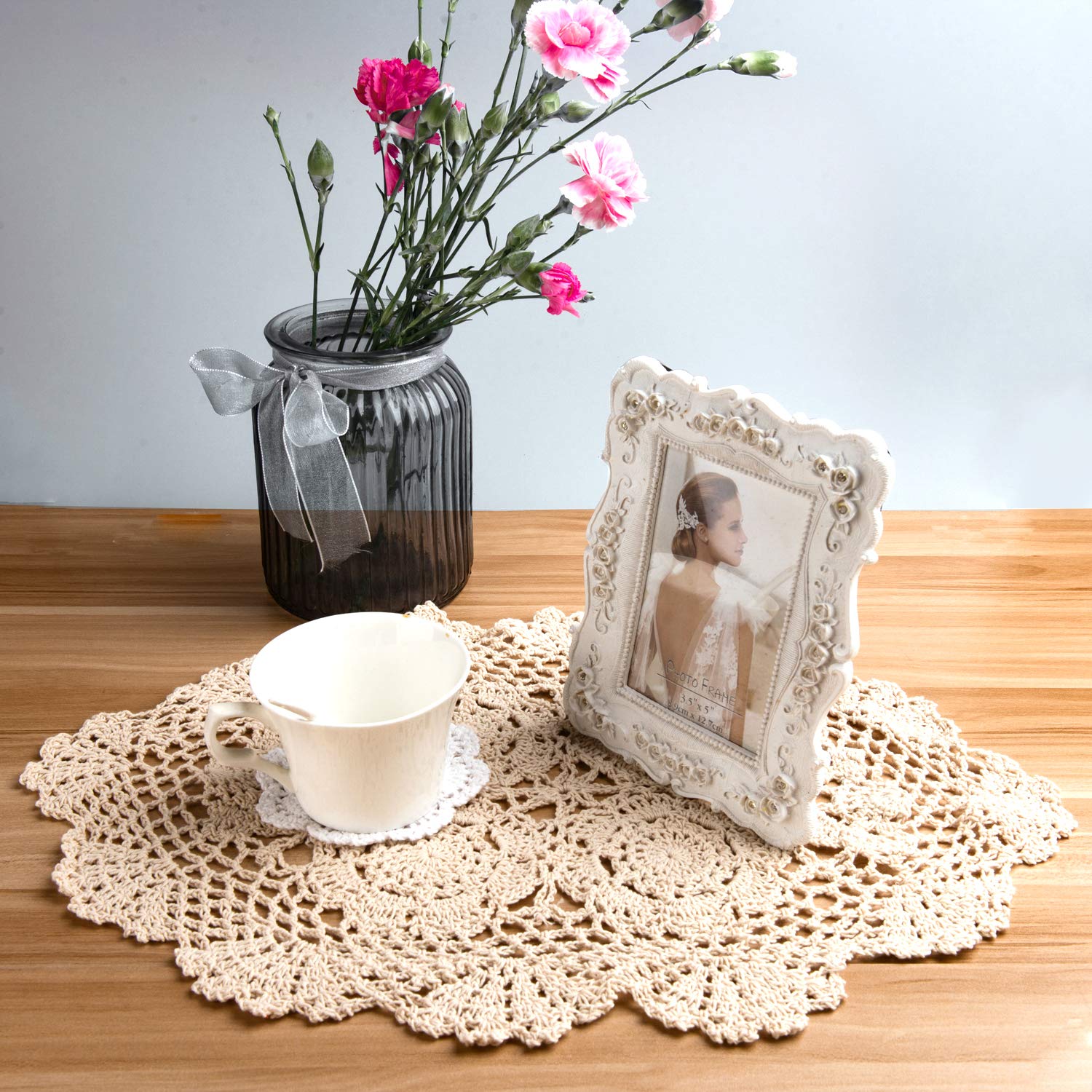 Eiyye 2-Pieces Handmade Cotton Crochet Doilies Oval Lace Table Placemats 12 X17Inch, Beige