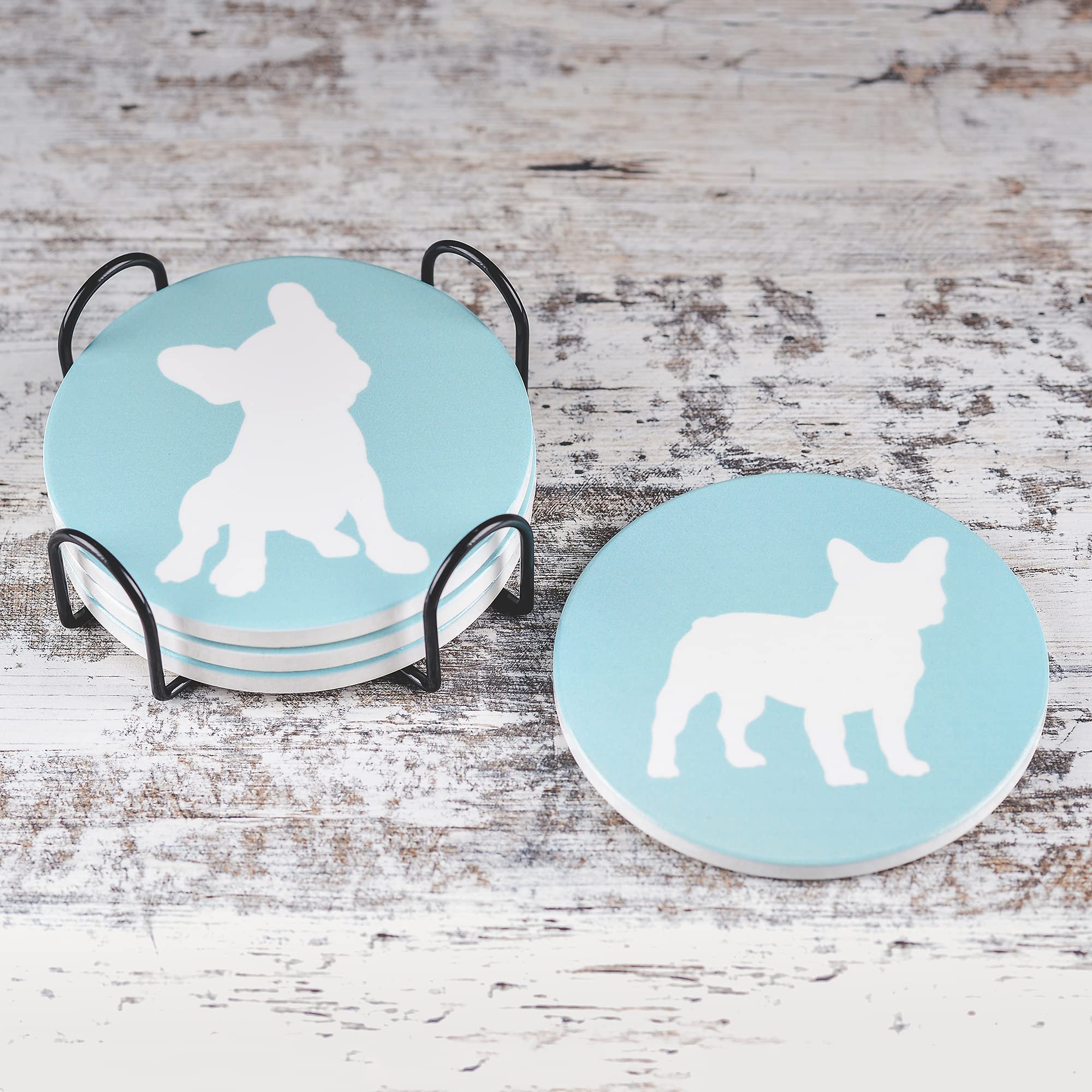 Greenline Goods French Bulldog Lovers Ceramic Drink Coasters - Set of 4 Frenchie Dog Coasters with Protective Cork Bottom and Metal Stand - French Bulldog Decor for French Bulldog Moms & Dads