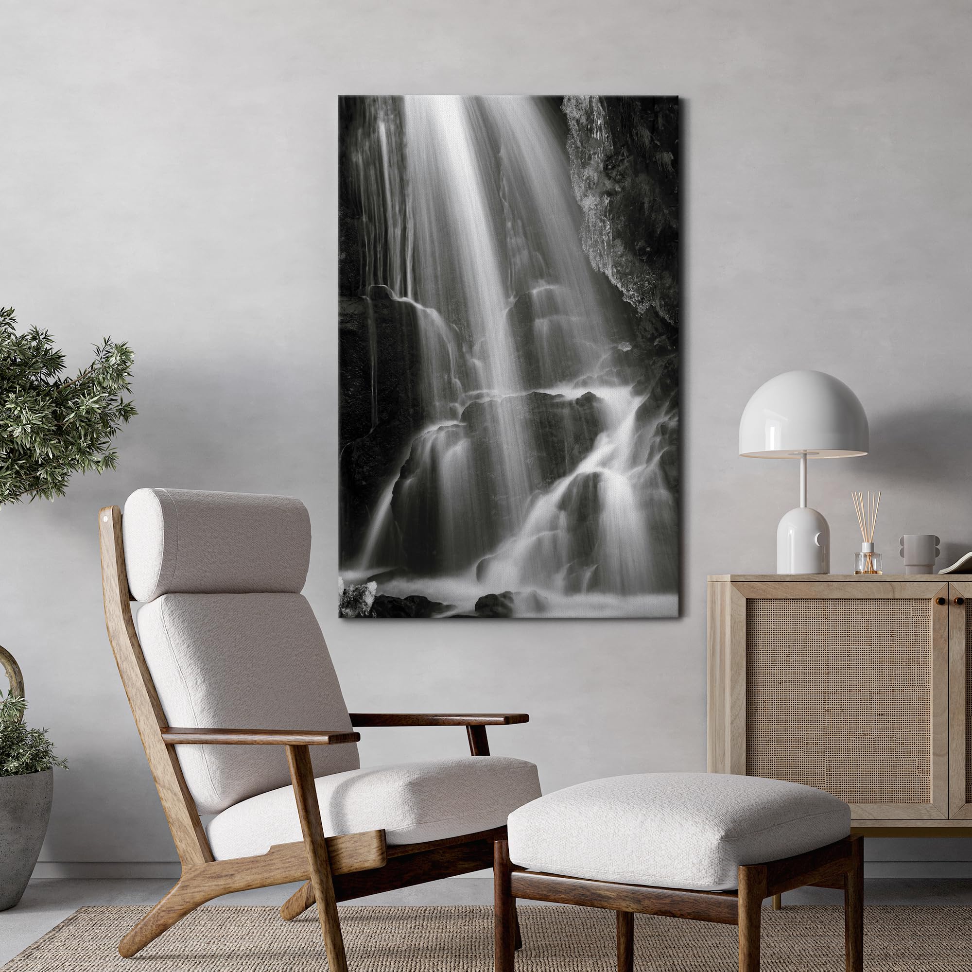 Wall26 Canvas Print Wall Art Serene Black And White Waterfall Animals Photography Realism Rustic Scenic Landscape Wilderness Zen