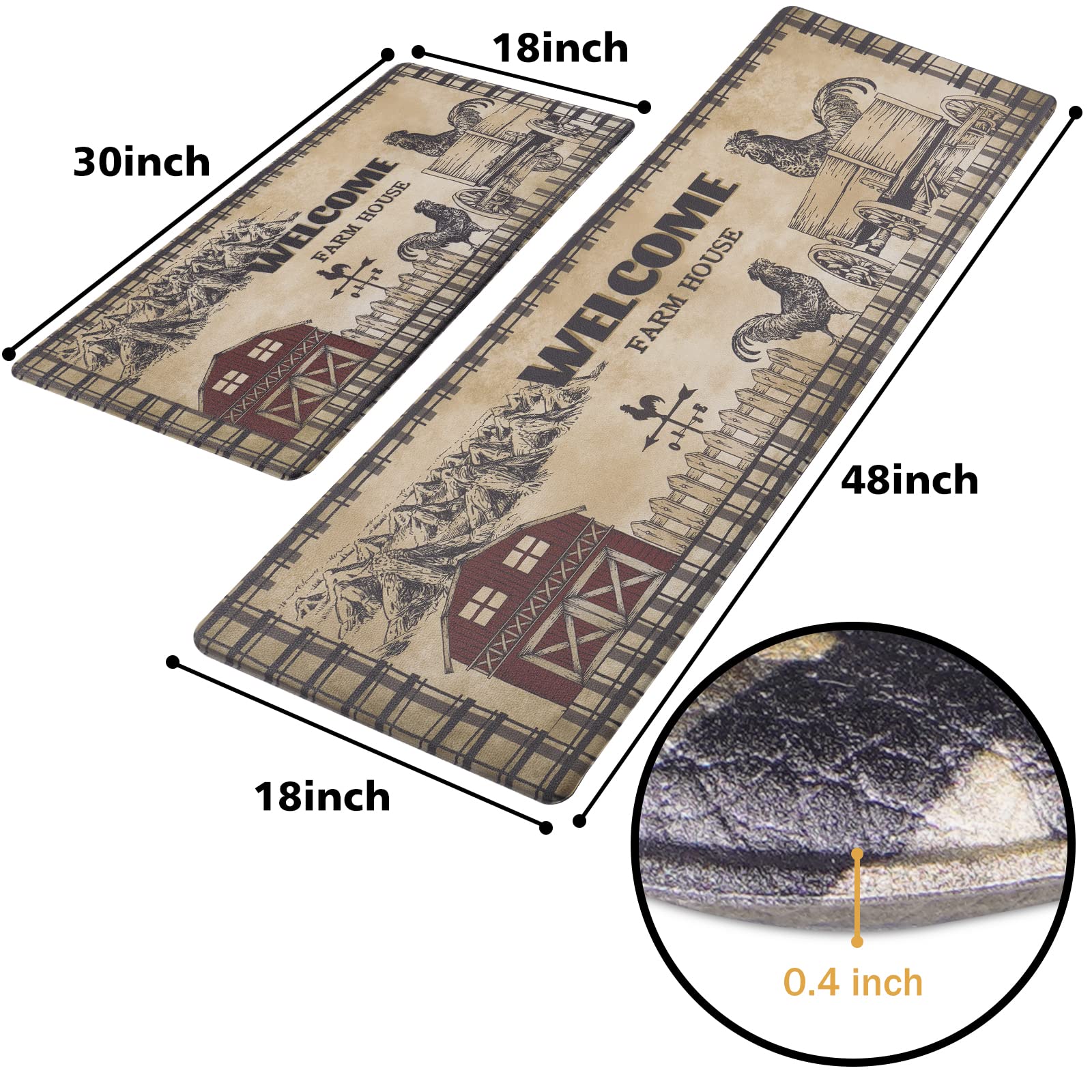 Aspmiz Farmhouse Kitchen Mat Set Anti Fatigue 2 Piece, Non-Skid Waterproof Kitchen Mats And Rugs Cushioned, Washable Kitchen Rug