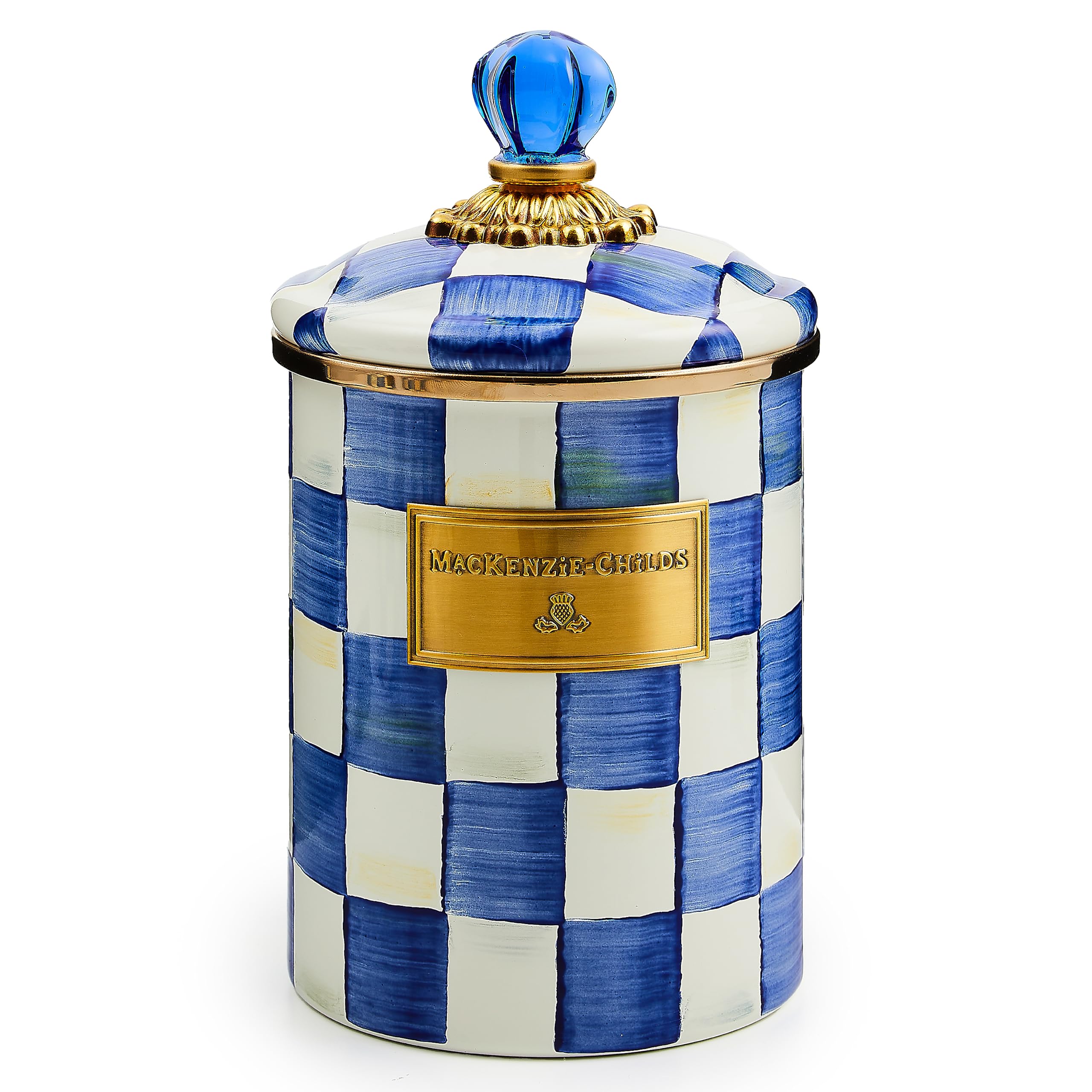 MACKENZIE-CHILDS Medium Enamel Canister, Kitchen Storage Container for Flour and Sugar, 1.42 Liters, Blue-and-White Royal Check