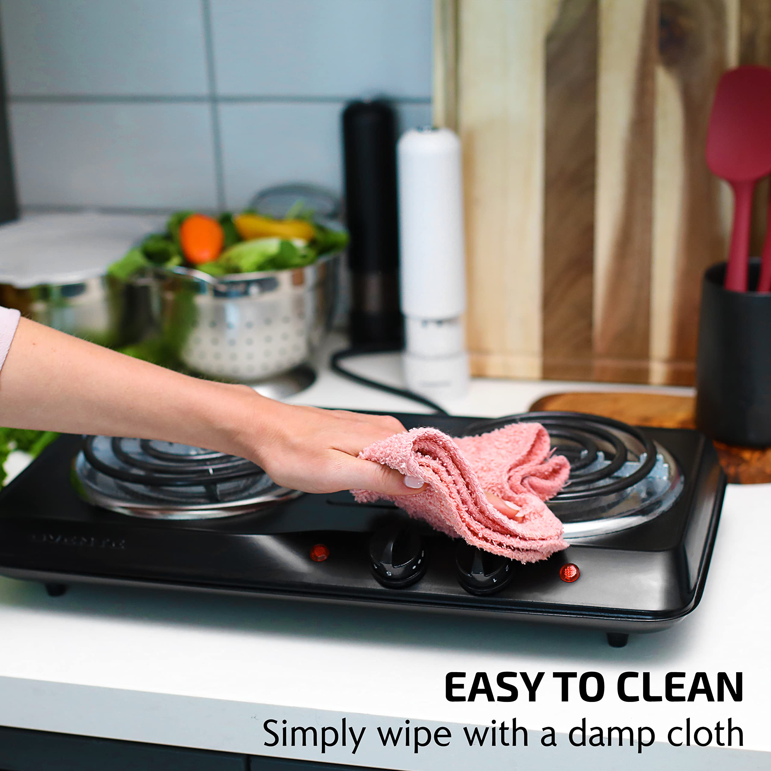 OVENTE Electric Double Burner Cooktop, 1700W, Stainless Steel Coil Plates, 5-Level Temp Control, Black BGC102B