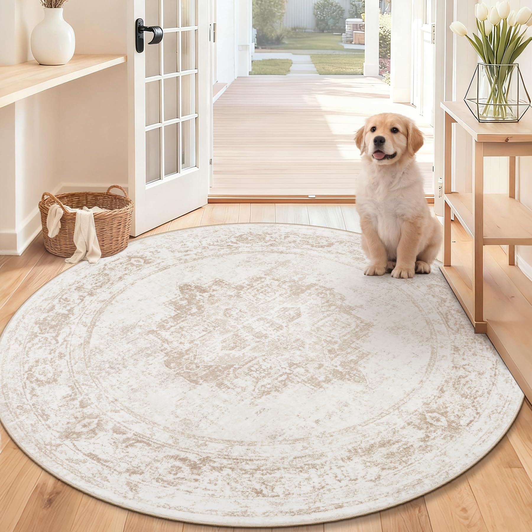 Round Rug 4ft Vintage Rugs: Small Washable Circle Rug Distressed Non Slip Circular Carpet for Living Room Bedroom Kitchen Home(B