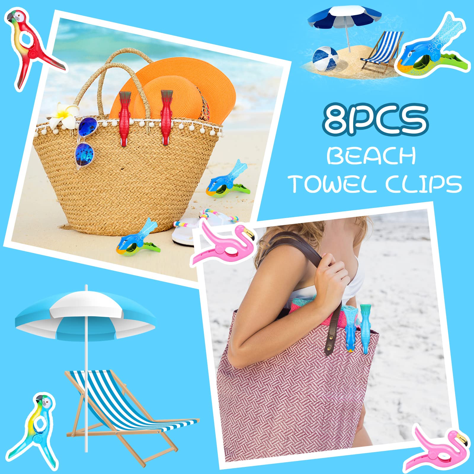 8 Pcs Beach Towel Clips Flamingo Parrot Chair Holders Portable Beach Chair Clips Cute Clothes Pins Bright Colors Jumbo Size Towe