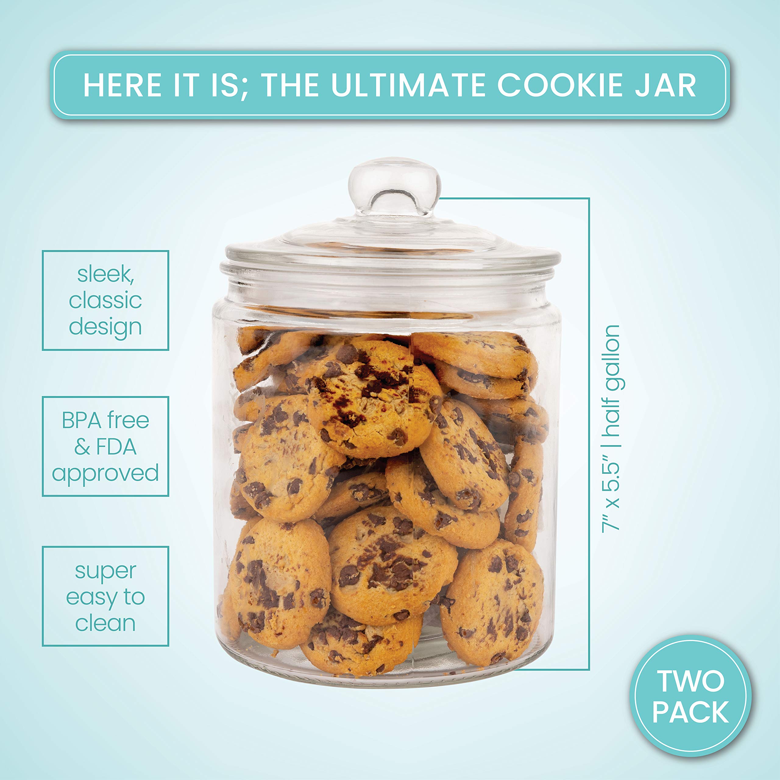 Set of 2 Glass Jar with Lid (2 Liter) | Airtight Glass Storage Cookie Jar for Flour  Pasta  Candy  Dog Treats  Snacks & More | Glass Organization Canisters for Kitchen & Pantry | 68 Ounces