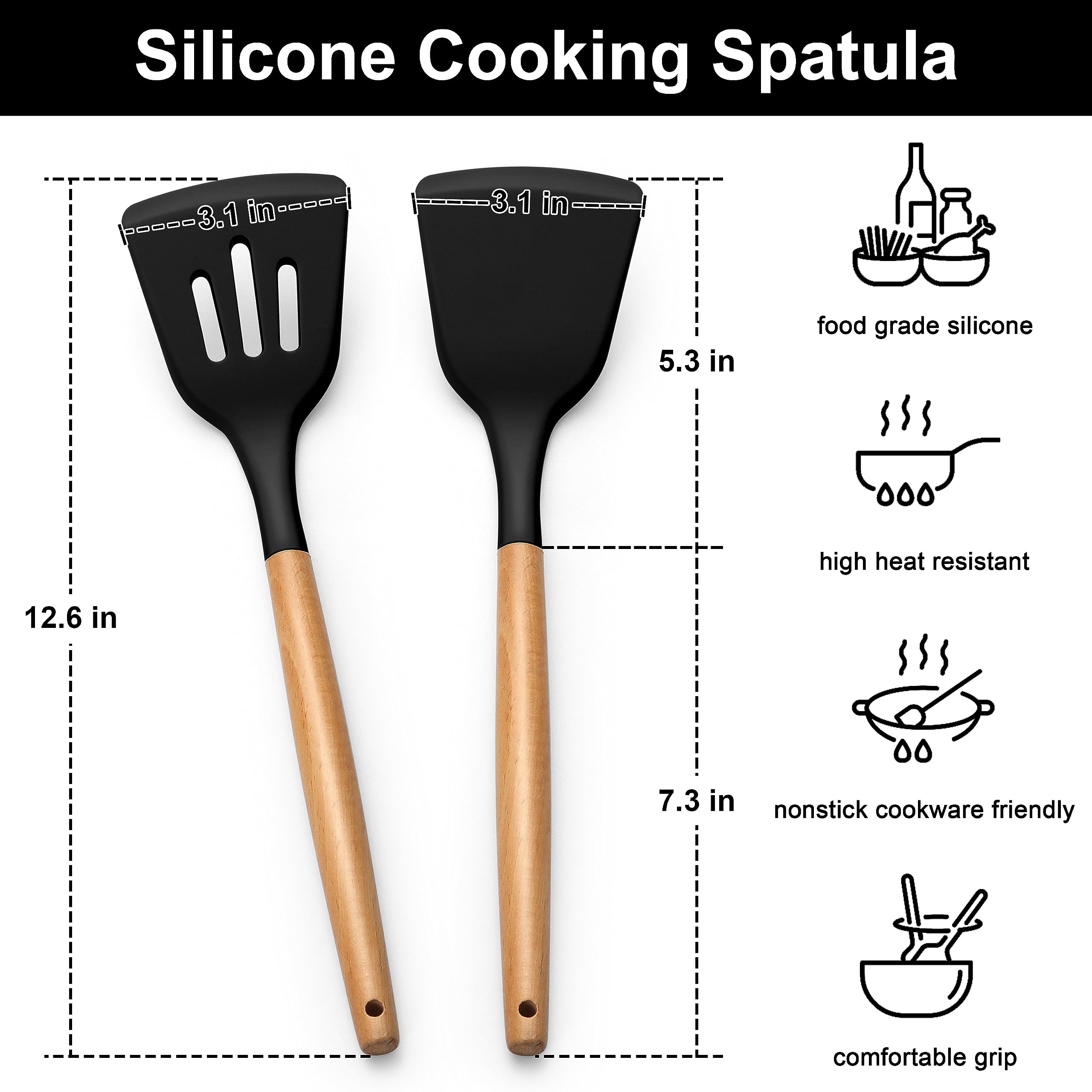 E-Far Silicone Spatula Turner, 2 Pack Heat Resistant Kitchen Spatulas For Nonstick Cookware, Rubber Solid Slotted Spatula Cookin
