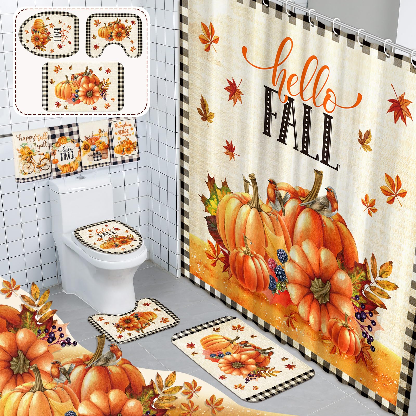 FuWeave 8 Pcs Thanksgiving Shower Curtain Set for Bathroom Decor Include Fall Grid Harvest Autumn Pumpkin Shower Curtain Towels 
