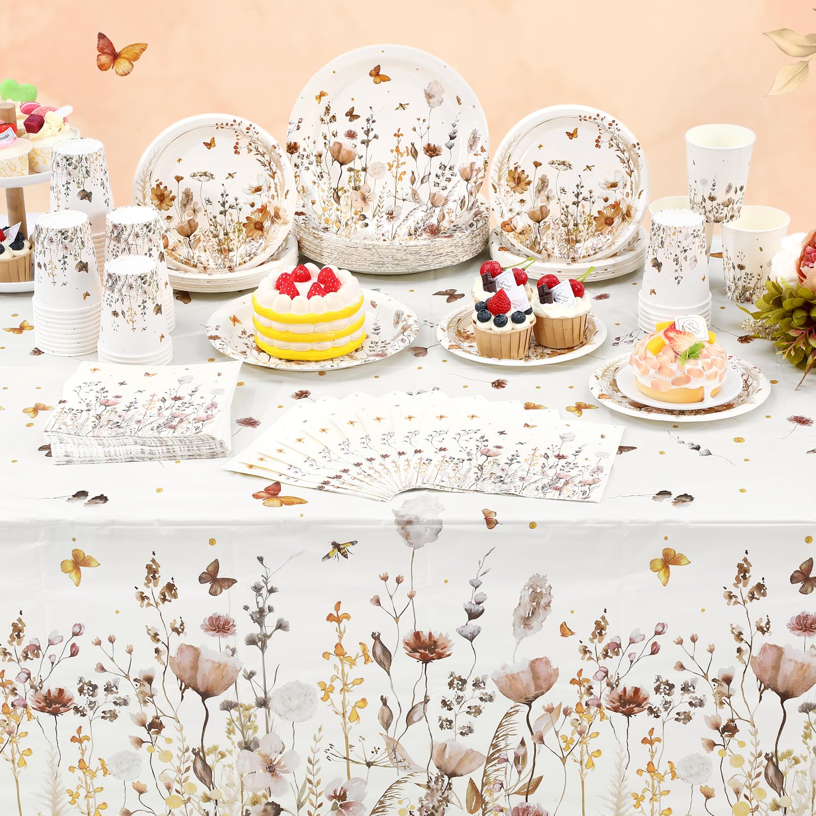 Layhit 202 Pcs Fall Floral Party Decoration Autumn Orange Flower Paper Plates Napkins Cups Butterfly Wildflower Tablecloth for A