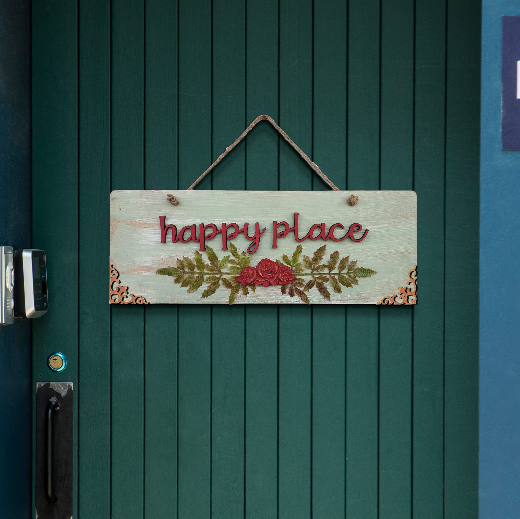 Chalk My Theme Happy Place Quote Rustic Vintage Wooden Door Or Wall Hanging With Leaves And Flowers | Home Decoration Item For G