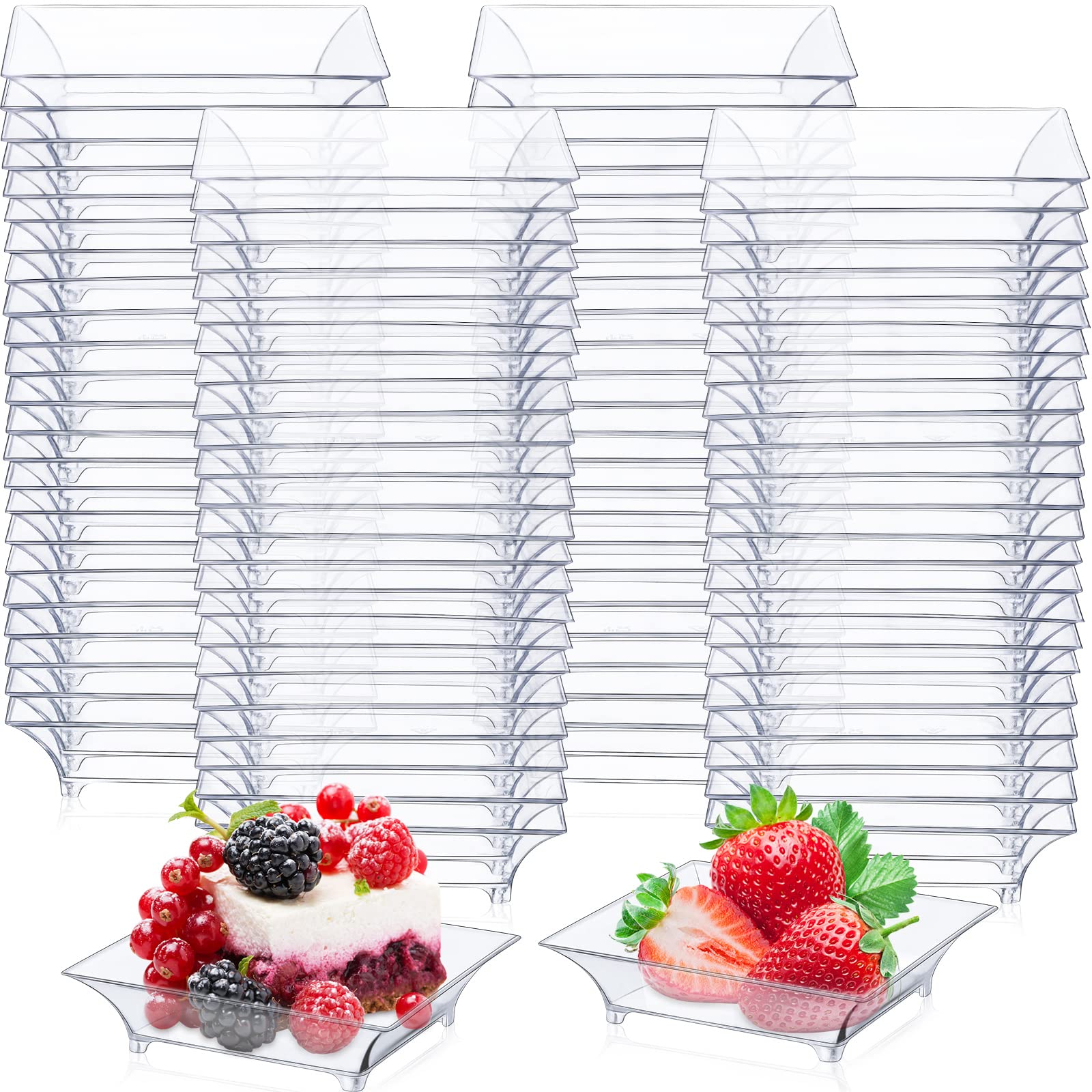 Mimorou 300 Pcs Mini Clear Dessert Plates 1oz Disposable Appetizer Trays Bulk Small Square Plastic Dish for Party Birthday Weddi