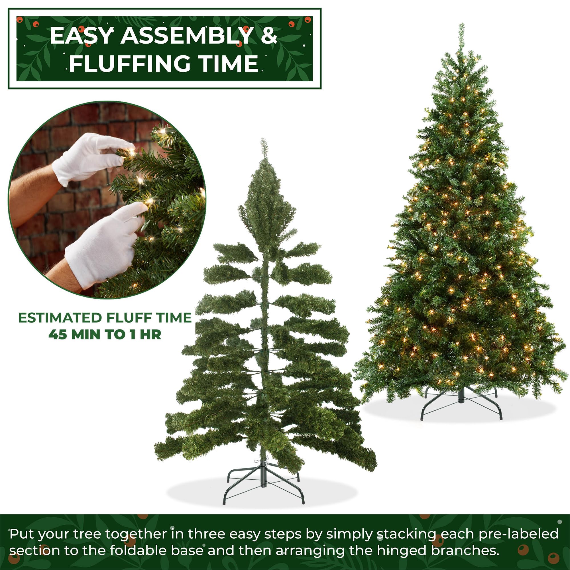 Casafield 7.5FT Realistic Pre-Lit Green Spruce Artificial Holiday Christmas Tree with Sturdy Metal Stand