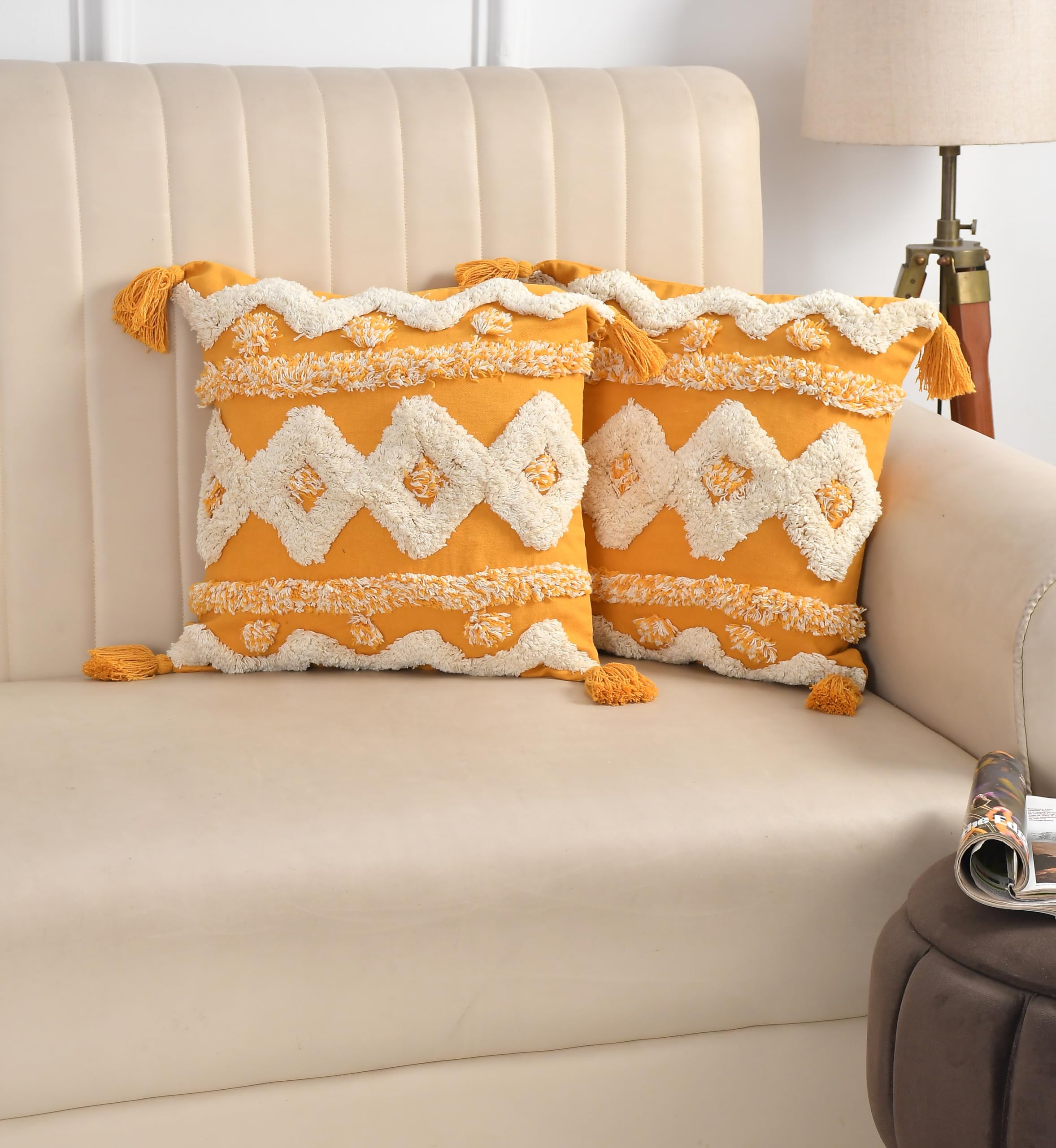 Wisdom Decor Sofa Cushion Cover Cotton For Living Room Couch Soft Pillow Covers (16 X 16, Yellow White Diamond) Pack Of 2