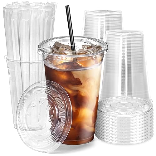 [100 Pack] 20 oz Clear Plastic Cups with Flat Lids and Black Straws  Disposable Iced Coffee Cups  BPA Free Crystal Lemonade Cup for Party  Smoothie  Cold Drinks  Juice  Milkshake  Bubble Boba  Tea