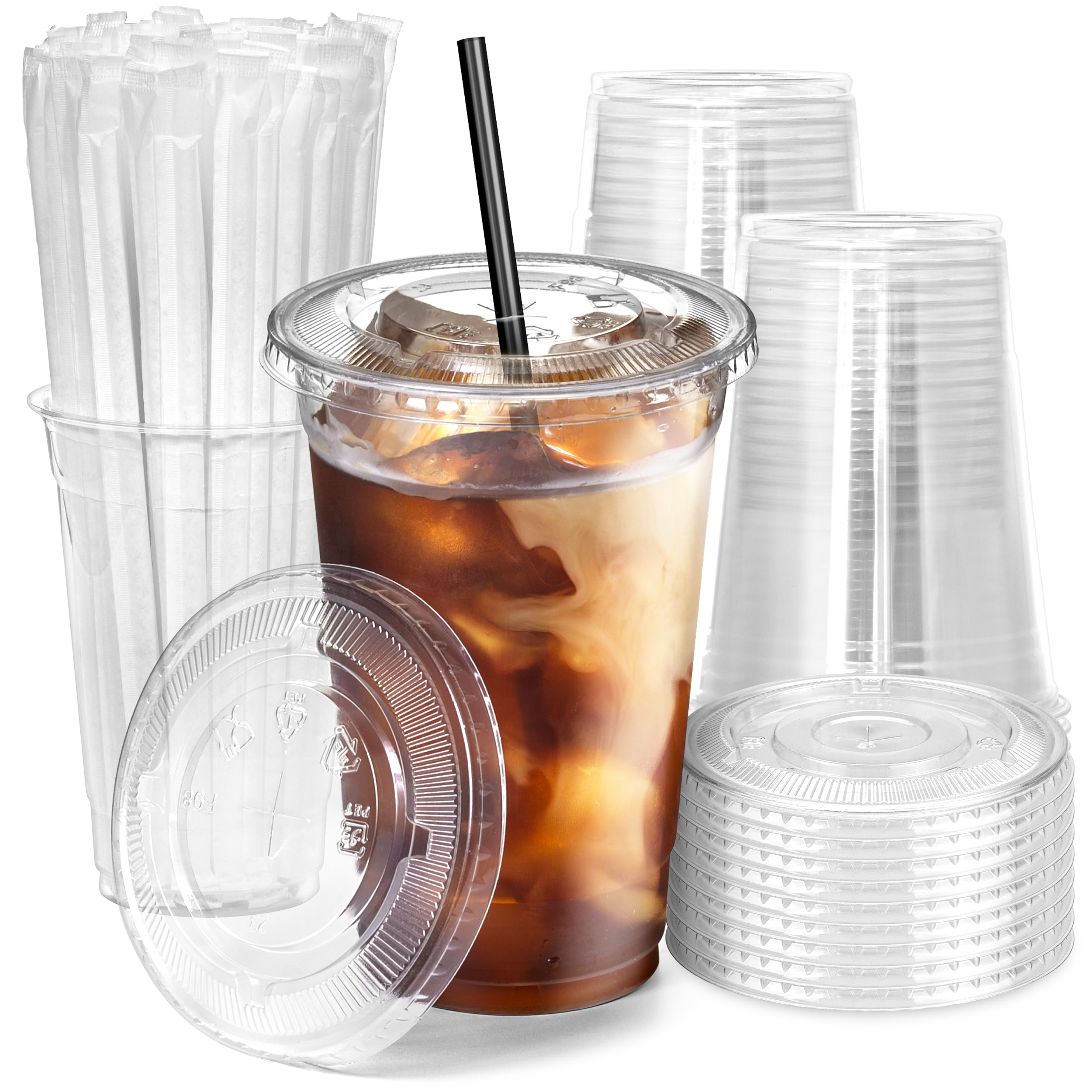 [100 Pack] 20 Oz Clear Plastic Cups With Flat Lids And Black Straws, Disposable Iced Coffee Cups, Bpa Free Crystal Lemonade Cup