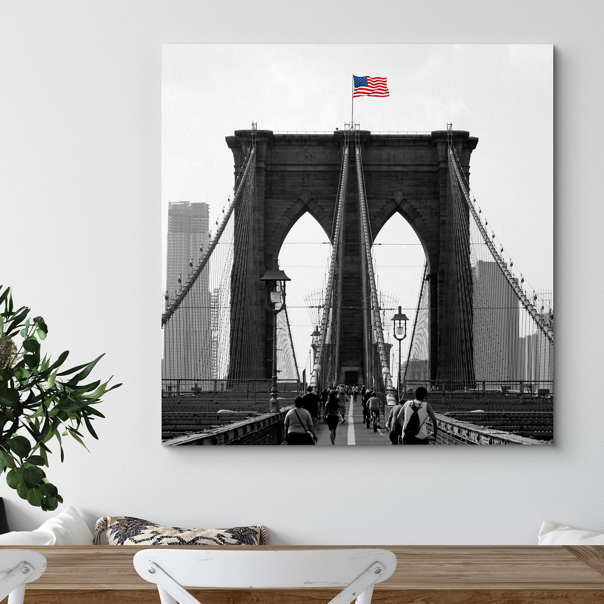 Wall26 Canvas Print Wall Art Pop Of Color Brooklyn Bridge & Flag Architecture & Maps Cities Photography Realism Chic Scenic Rela