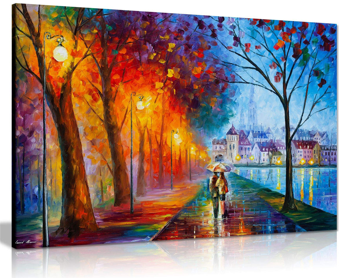 City By The Lake By Leonid Afremov Canvas Wall Art Picture Print For Home Decor (18X12)