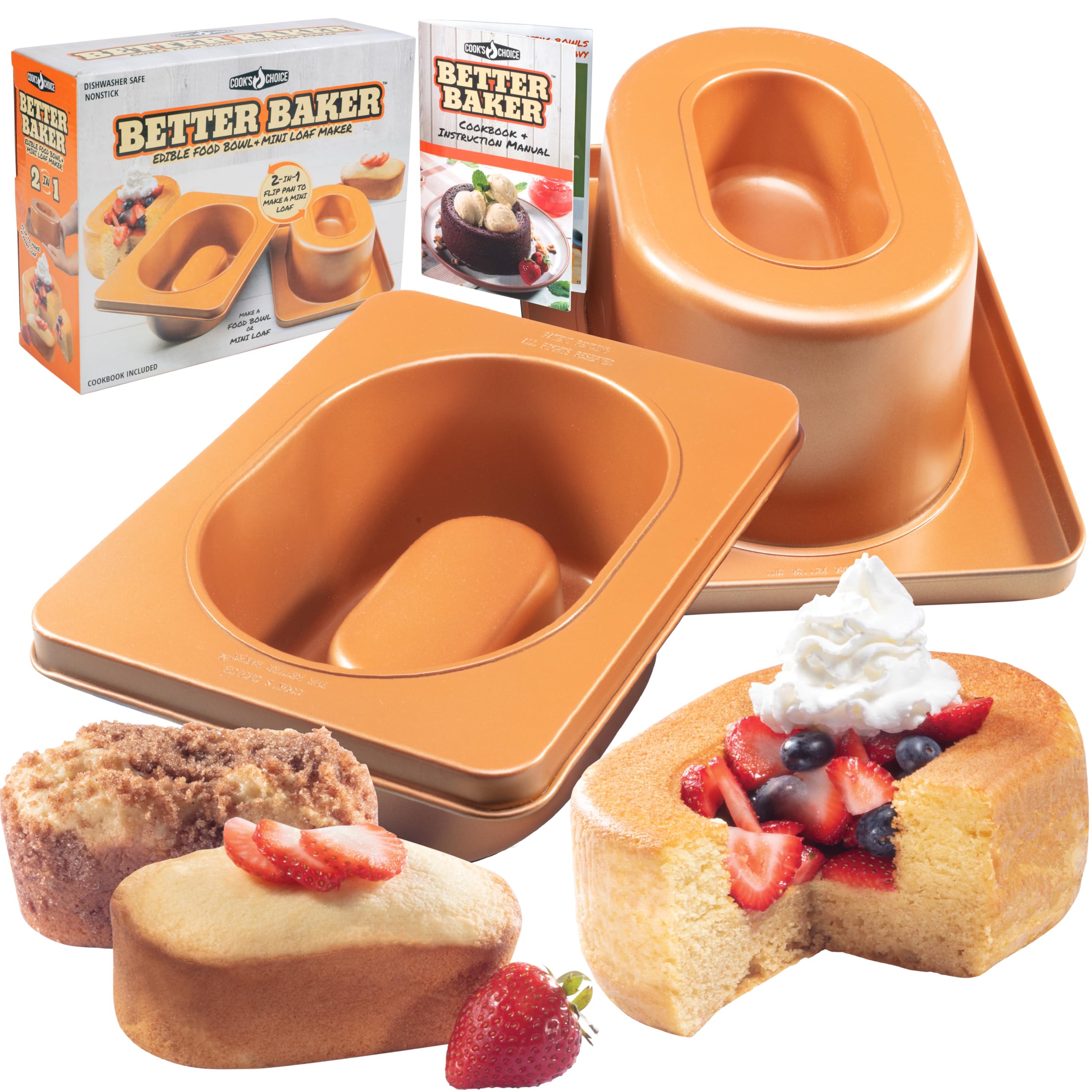 Cooks Choice 2-In-1 Better Baker Edible Dessert Bowl & Mini Loaf Maker w Recipe Cookbook- Baking Mold for Mothers Day Shortcake
