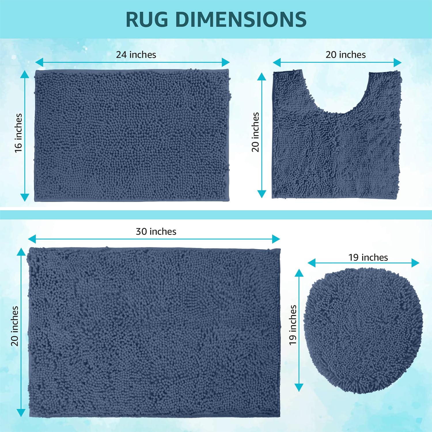 Luxurux Bathroom Rugs Sets 4 Piece - Non-Slip Shaggy Chenille Mat Set - U-Shaped Contour Toilet Mat, Lid Cover, 30X20+18X18+20X2