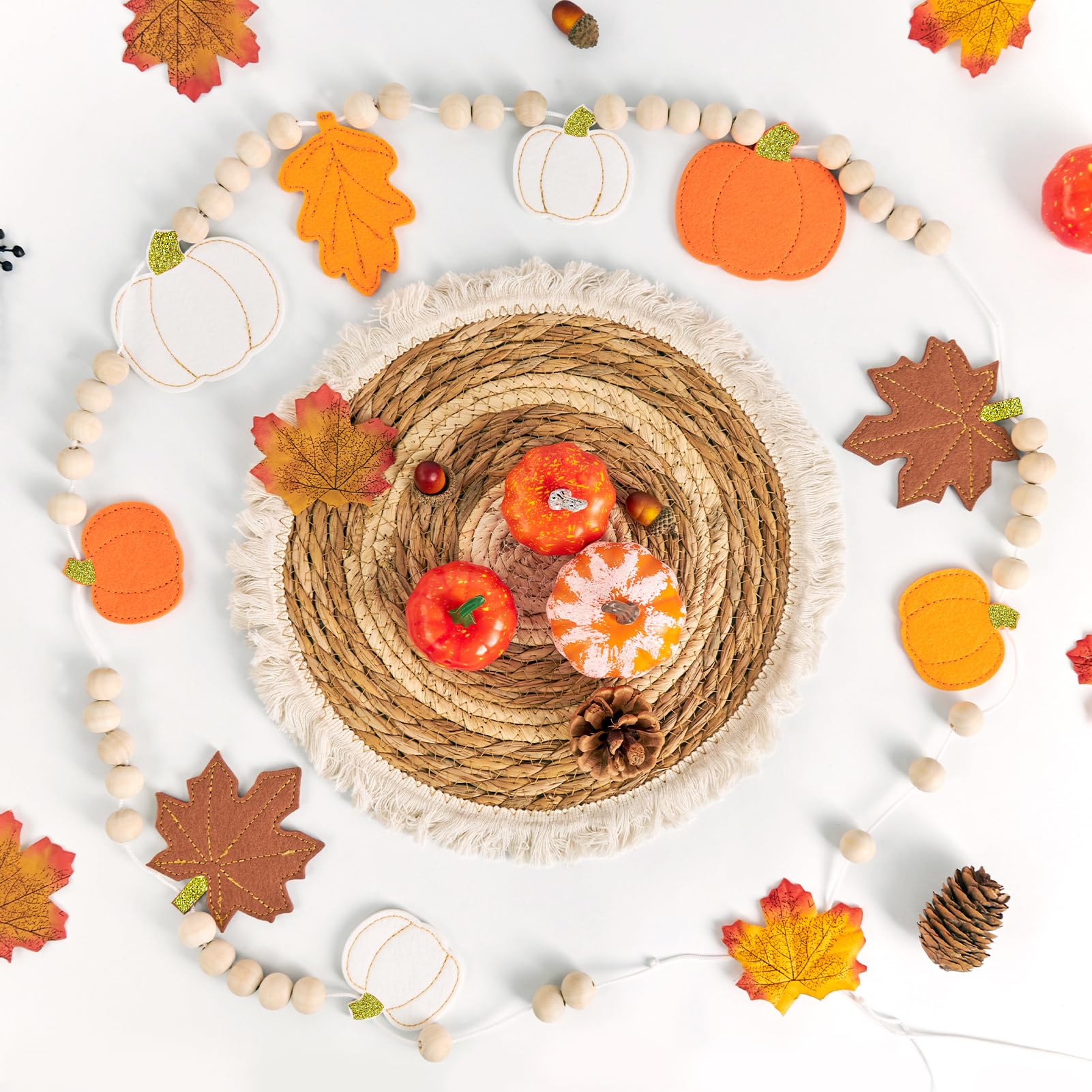 Fall Decorations for Home Felt Pumpkin Garland and Wood Bead Felt Pumpkins Hanging Garland Maple Leaf Banner for Thanksgving Dec