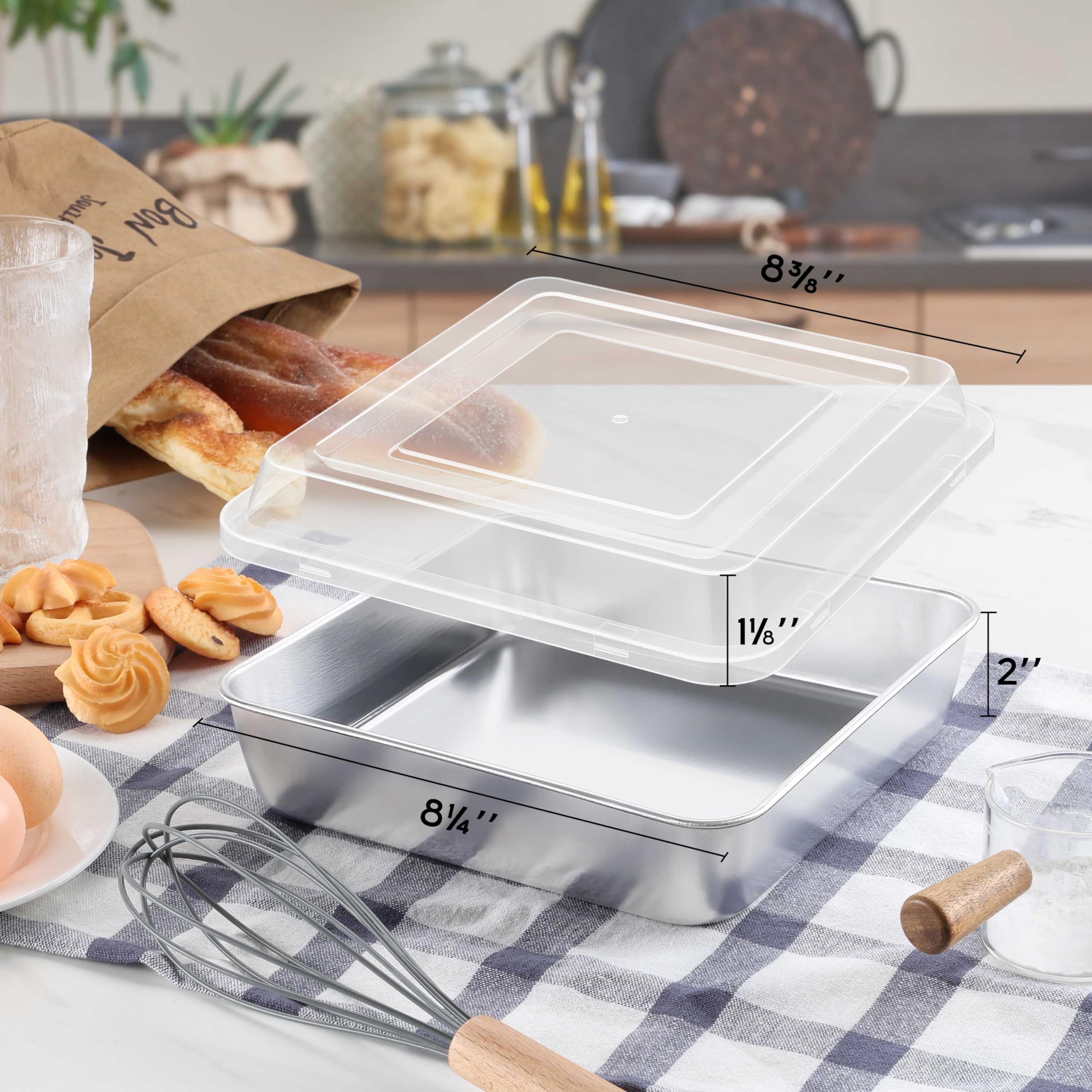 Onader 8X8 Inch Square Baking Cake Pan With Lid Set Of 2 Stainless Steel Brownie Lasagna Pan