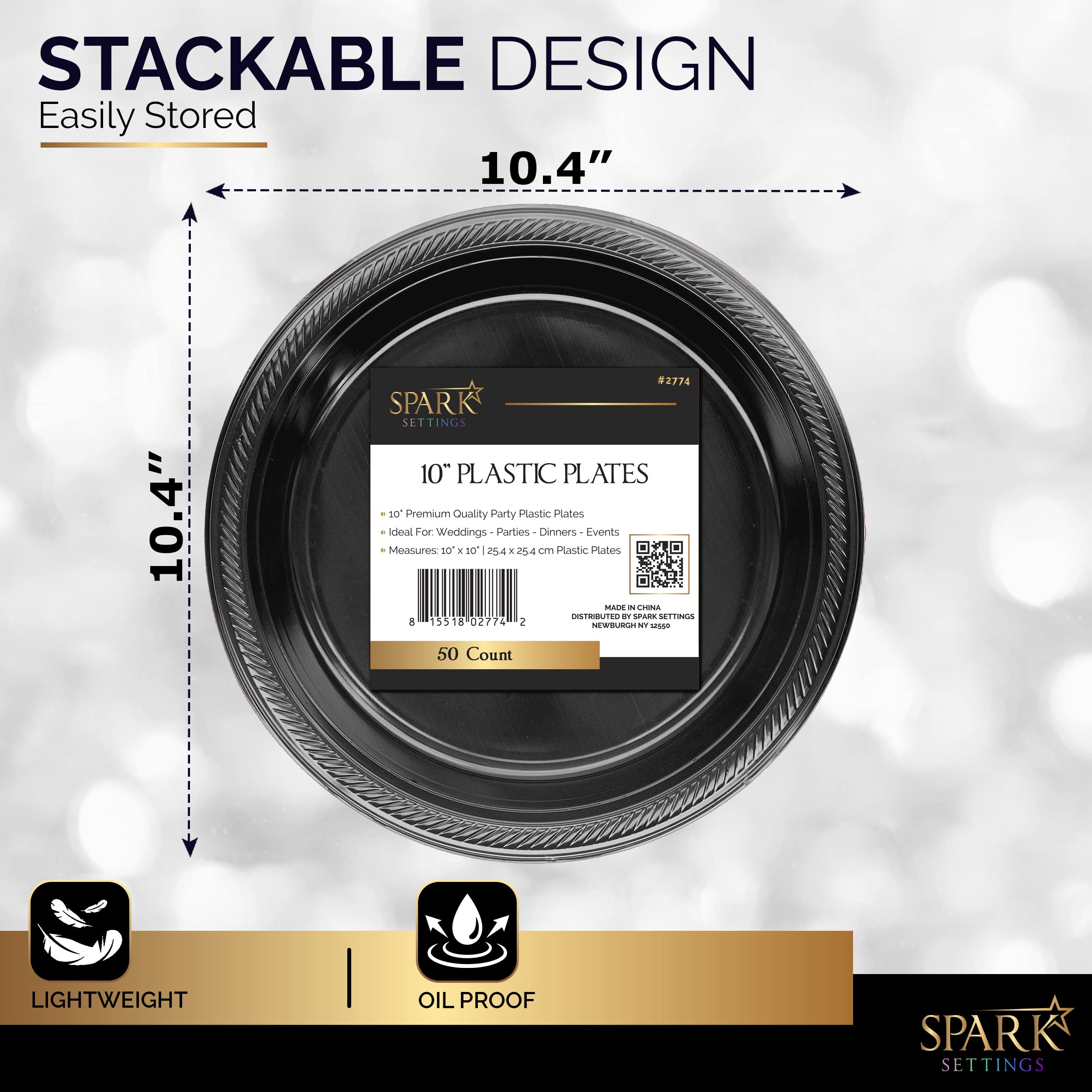 Amcrate Disposable Plastic Plates Black  10.4 Inches Plastic Dinner Plates  Strong and Sturdy Disposable Plates for Party  Dinner  Holiday  Picnic  or Travel Party Plates  Pack of 50