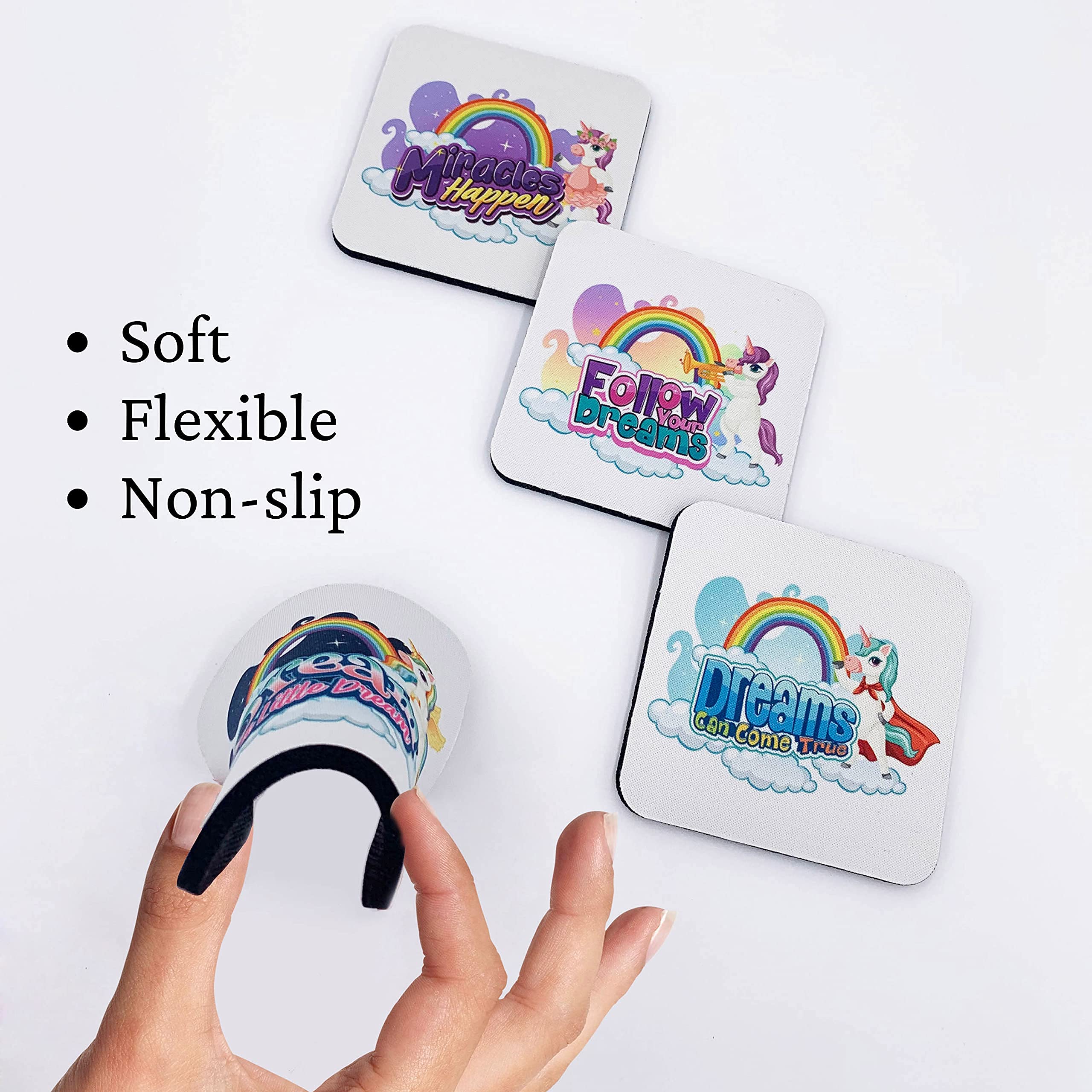 Unicorn Coasters For Kids, Set Of 4 Absorbent Neoprene Coasters For Drinks, Fun Cute Coaster Unique Designs, Square Cup Mats 3.5