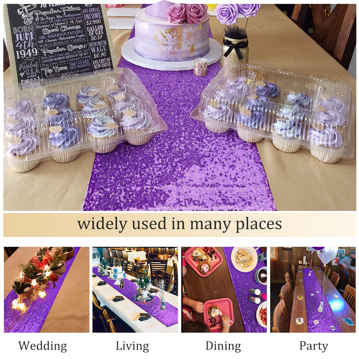 Yuboo Purple Sequin Table Runners, 6 Pack Glitter 12X72 Inches Rectangle Table Cloth For Women Girls' Birthday/ Wedding/Bridal B
