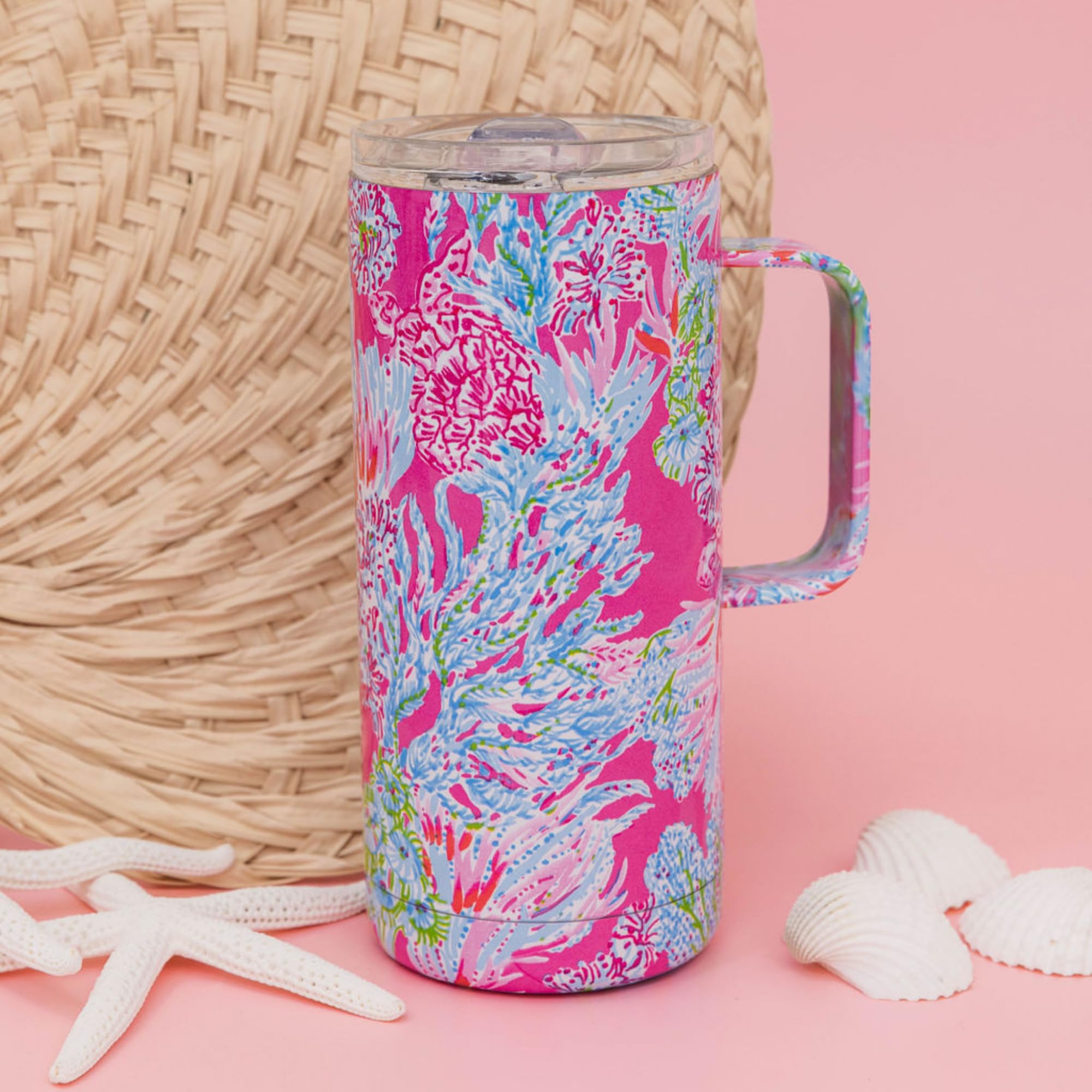 Lilly Pulitzer 16 Oz Travel Mug With Handle And Lid, Stainless Steel Insulated Coffee Tumbler, Double Wall Metal Cup, Seaing Thi